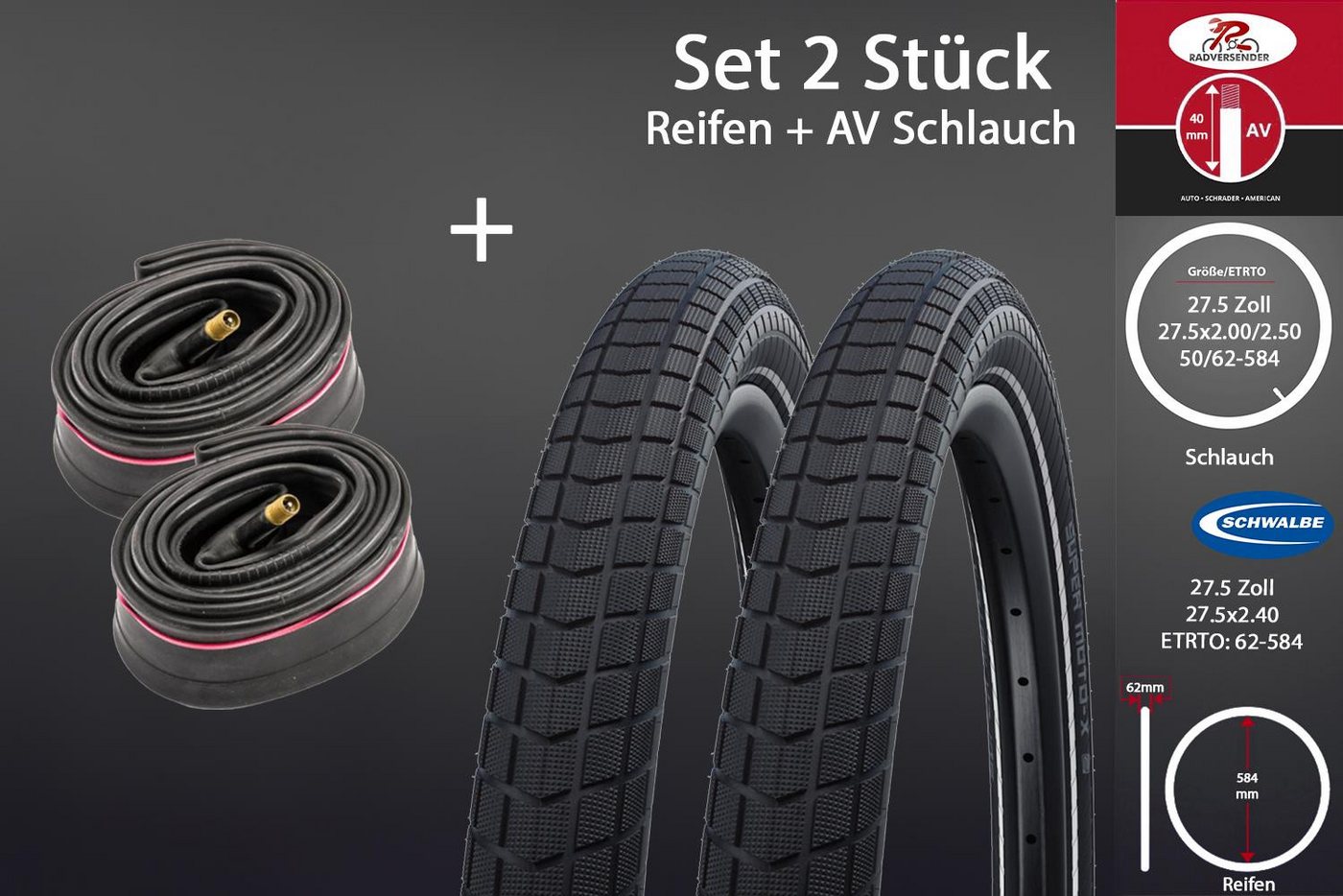 Schwalbe Fahrradreifen 2Stück 27.5 Zoll SCHWALBE 27.5x2.4 Reifen 62-584 mit Schlauch AV, (4-tlg)