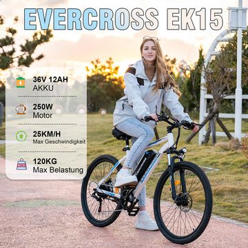 EVERCROSS TECH E-Bike 26 Zoll E-Fahrrad für Damen Herren 36V 12AH 25km/h, 35-90KM, 7 Gang, 7 Gang SHIMANO, Elektrofahrrad für Damen und Herren 165 - 195 cm