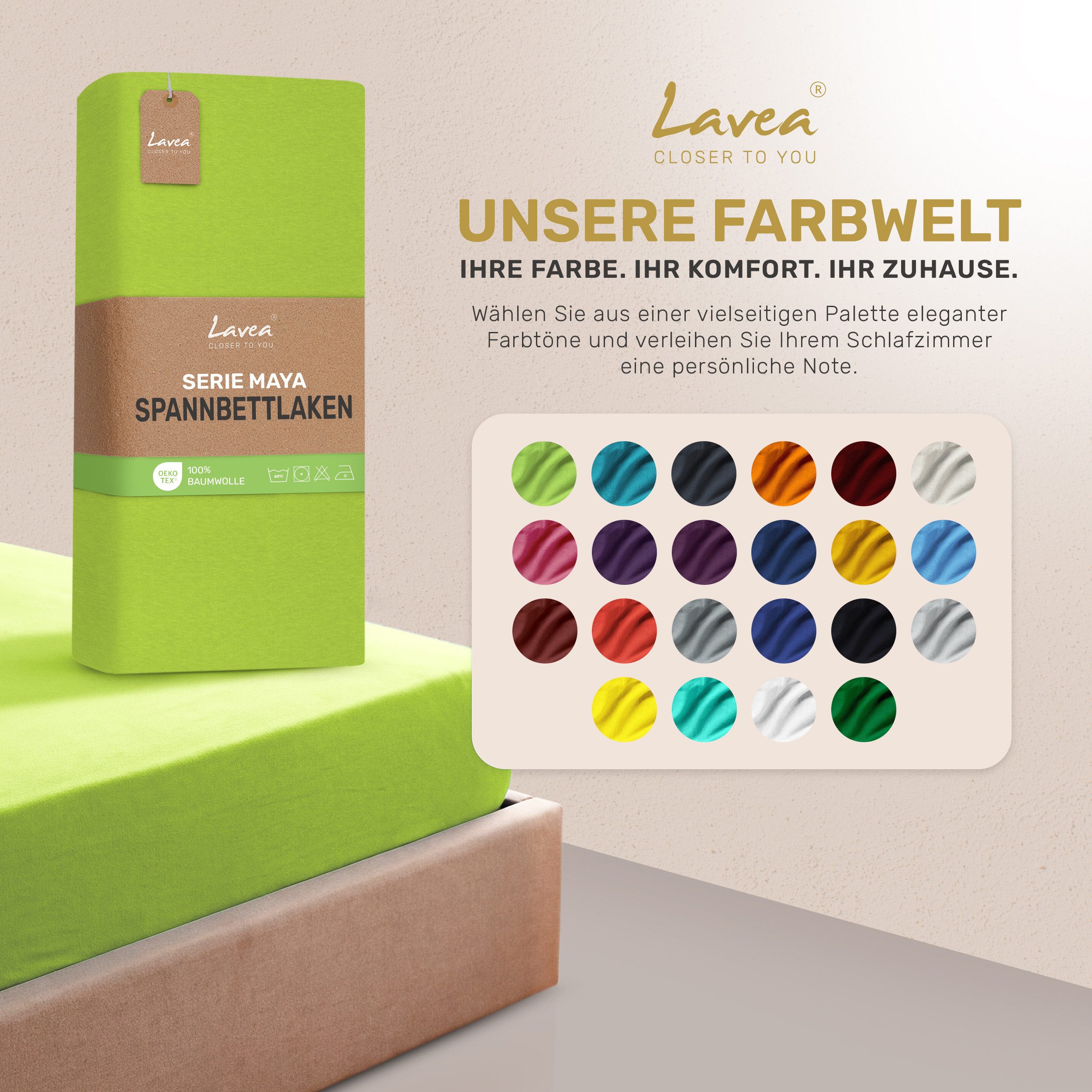 Lavea Spannbettlaken Bettlaken Maya, 180x200cm, 200x200cm, 140x200cm, 160x200cm, 100% Baumwolle Jersey, Gummizug: rundum, (1 Stück), für Matratzen, Topper, Boxs – Bild 4 von 5