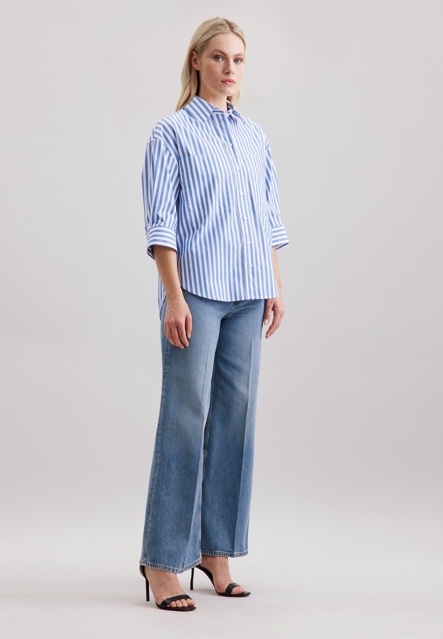 seidensticker Longbluse Schwarze Rose Kurzarm Kragen Streifen