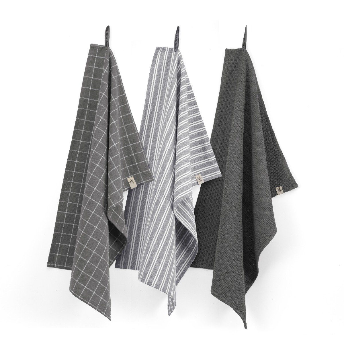 100% w. Uni, & Walra - 3x aus Black Premium-Qualität einsetzbares Cubes Küchensatz Off Baumwolle, 50x7, Vielfältig Geschirrtuch Blocks Stripes - Dry