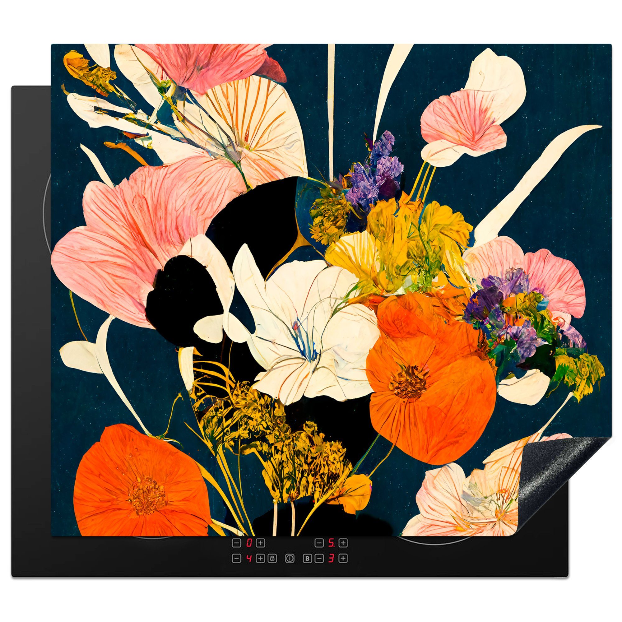 MuchoWow Herdblende-/Abdeckplatte Blumen - Vase - Malerei - Pflanzen, Vinyl, (1 tlg), 60x52 cm, Mobile Arbeitsfläche nutzbar, Ceranfeldabdeckung