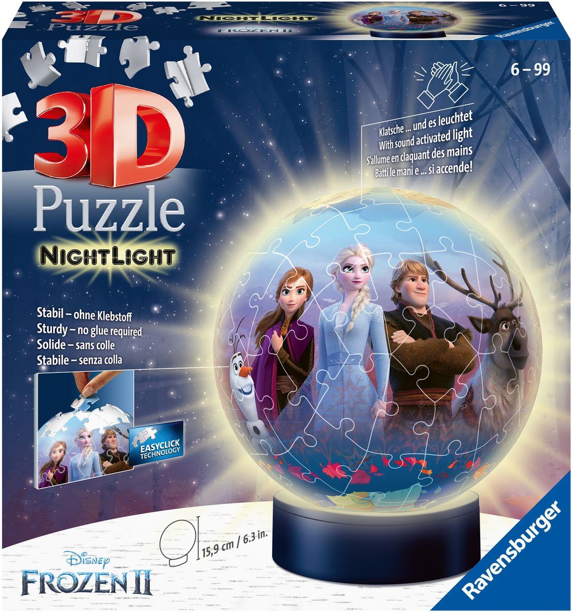 Ravensburger Puzzleball Nachtlicht Disney Frozen II, 72 Puzzleteile, mit Leuchtsockel inkl. LEDs; FSC® - schützt Wald - weltweit