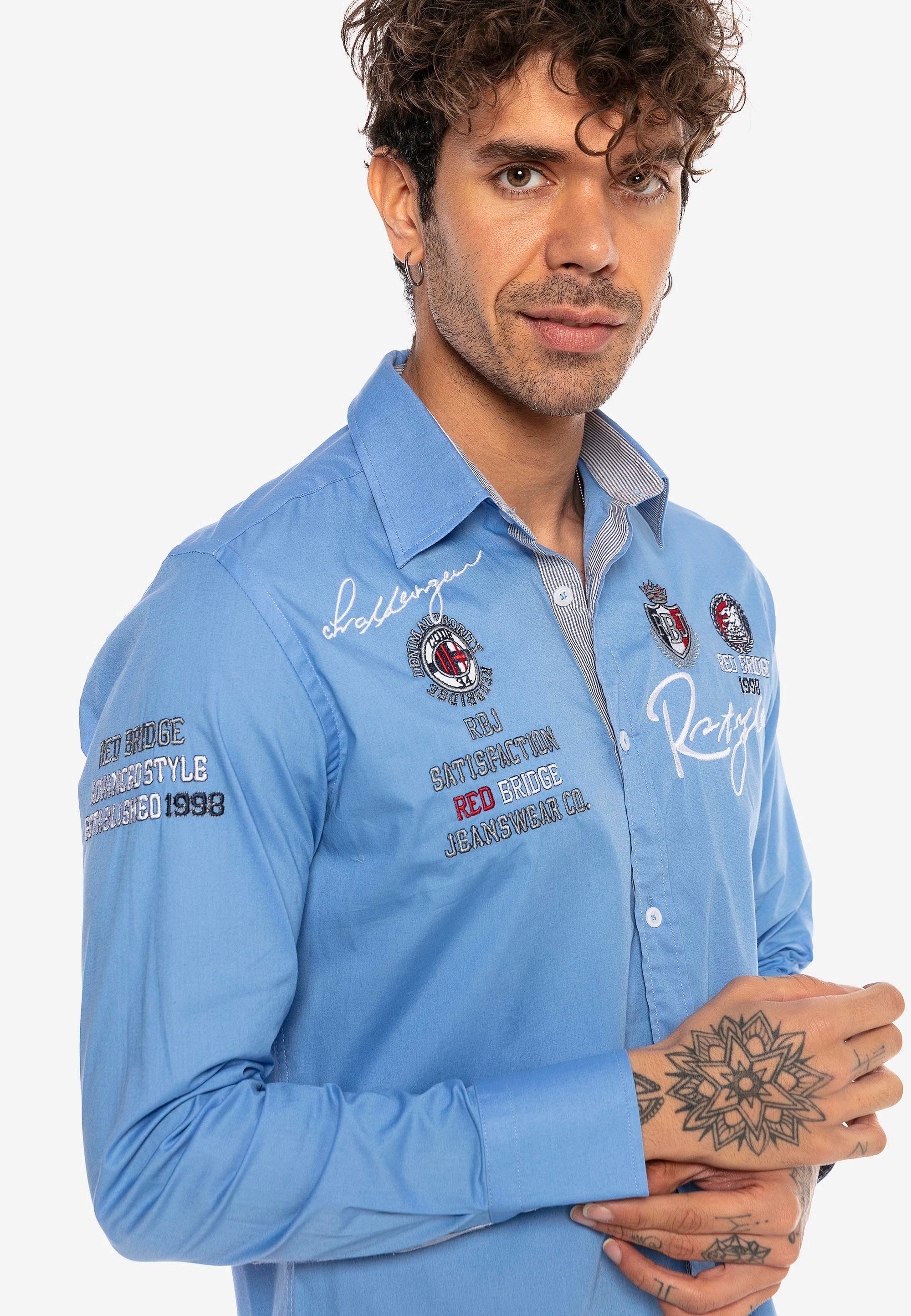 City RedBridge Stickerei Langarmhemd blau-blau Fit-Schnitt Slim Jersey mit im