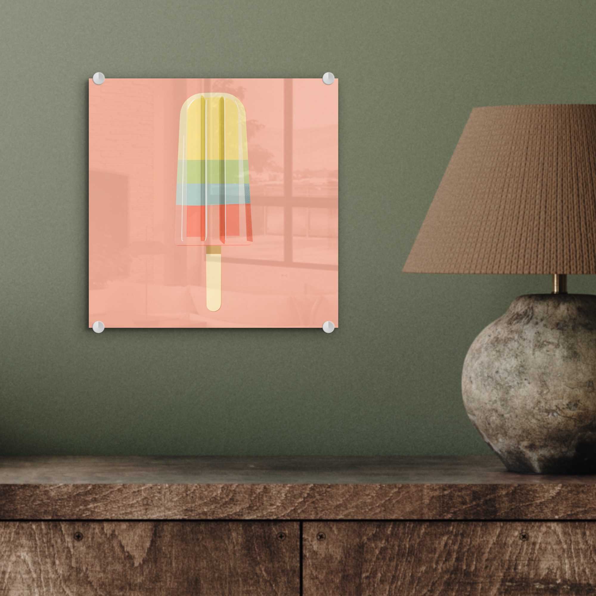 MuchoWow Acrylglasbild Wassereis - Pastelltöne - Minimalistisch, Inkl. Aufhängung, Bilder auf Glas Wandbild, Wanddeko Wohnzimmer Badezimmer, 20x20 cm