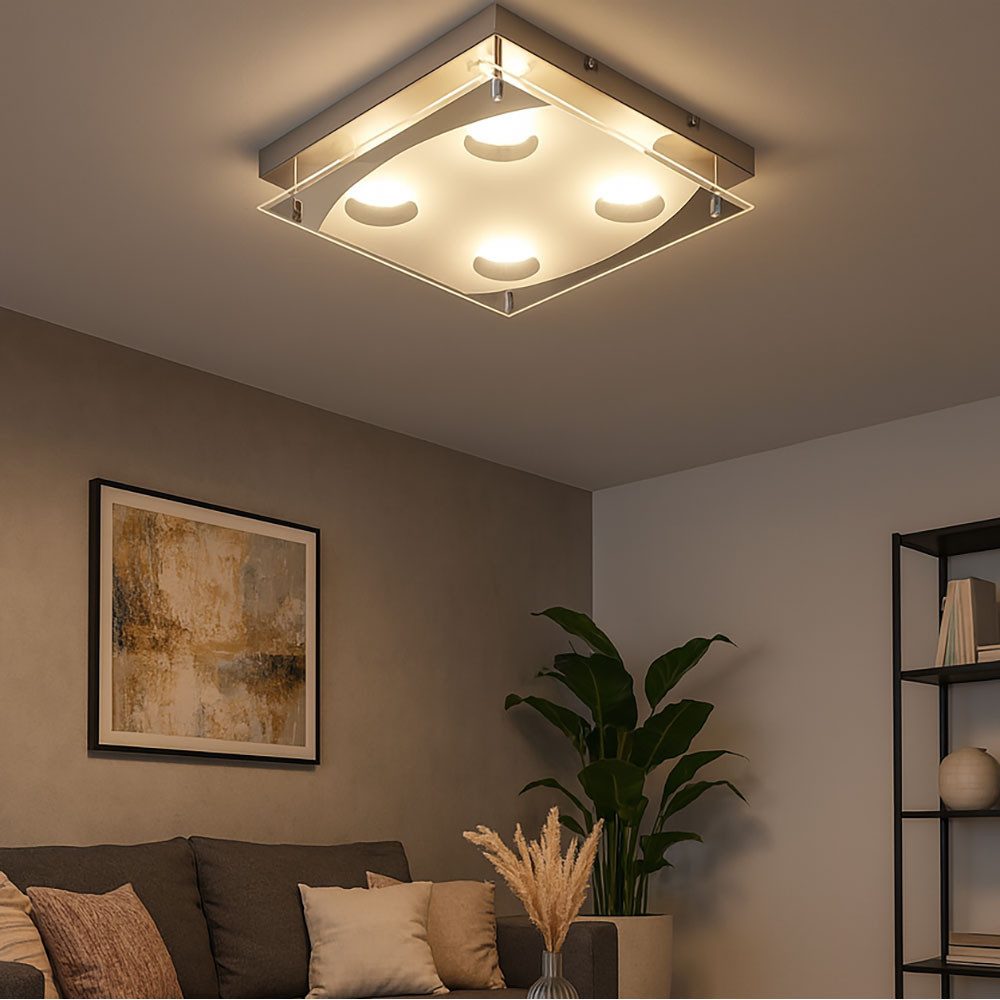 Esto LED Deckenleuchte, LED-Leuchtmittel fest verbaut, Warmweiß, Deckenlampe Deckenleuchte LED Wohnzimmerlampe verchromt Glas L 26 cm