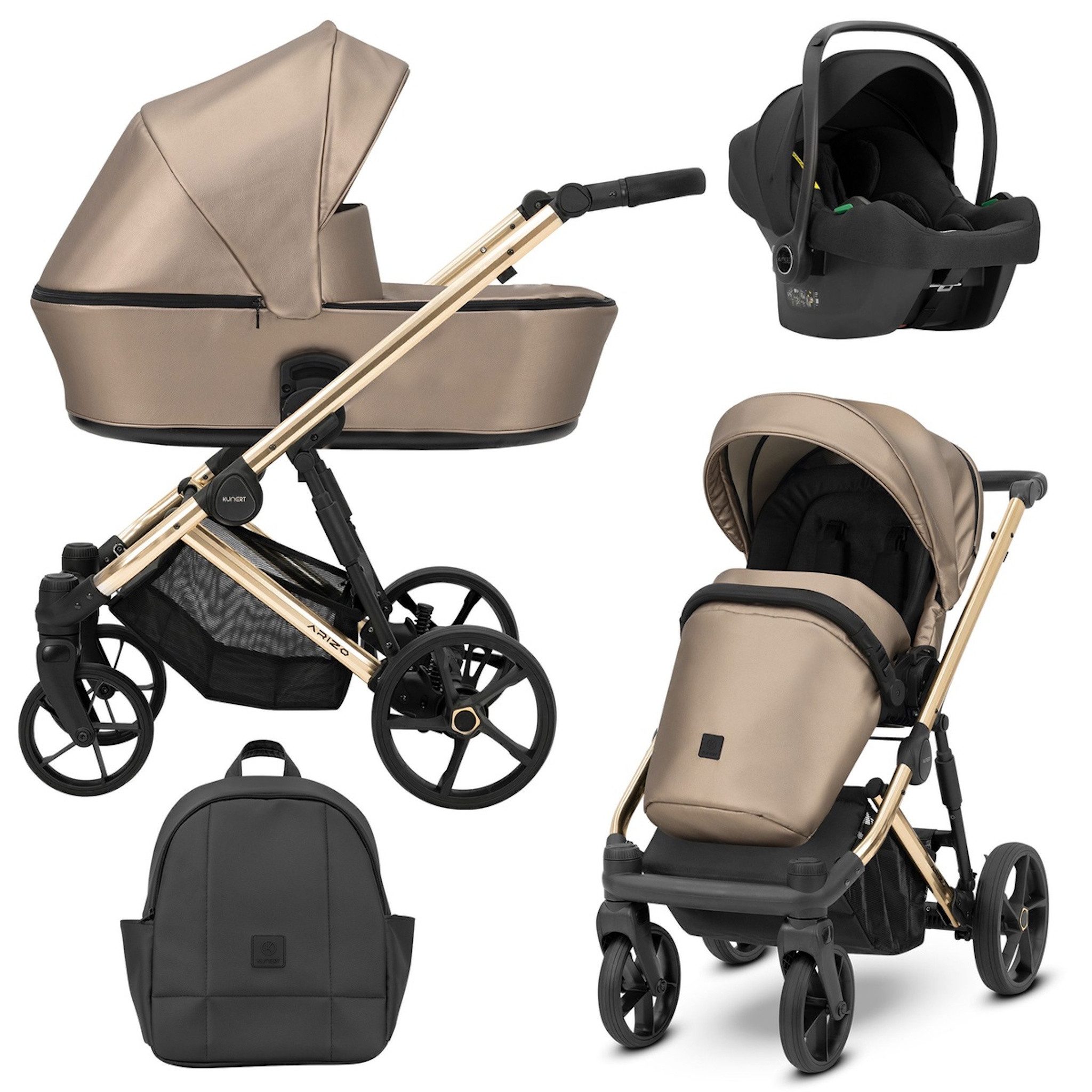 KUNERT Kombi-Kinderwagen ARIZO PREMIUM 3in1 Öko-Leder Kinderwagen mit goldenem Gestell, Leichtgewichtige Aluminiumkonstruktion, 5-Punkt-Sicherheitsgurt