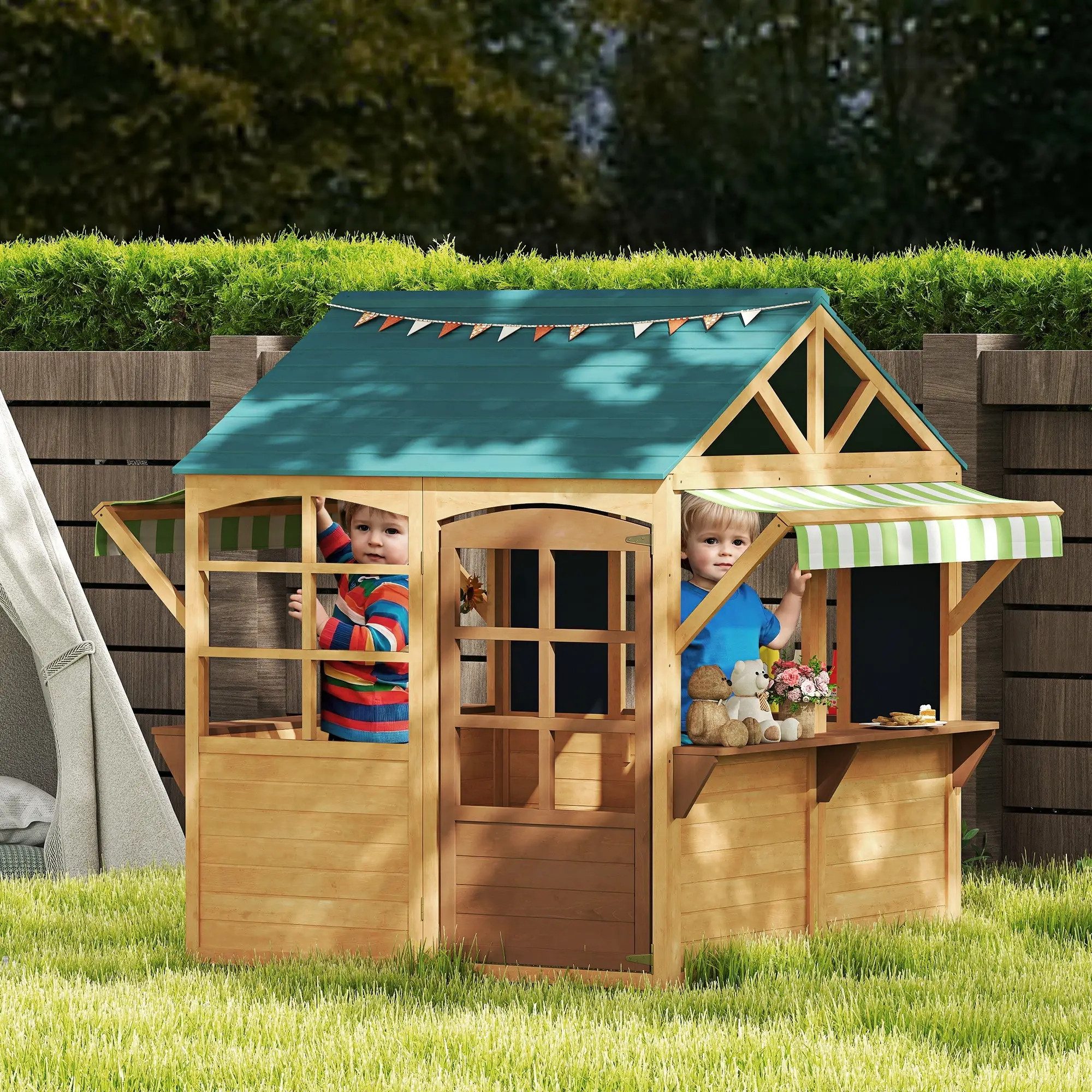 BlingBin Spielhaus Kinderspielhaus aus Tannenholz, Faltbares Häuschen mit Fenstern, Tür, Kinderhaus für Garten für Kinder im Alter von 3-8 Jahren