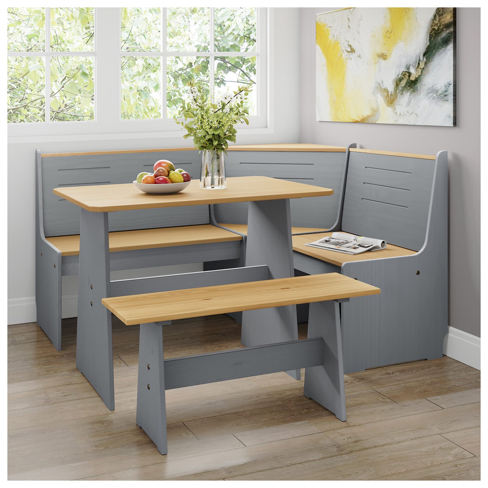 HTI-Living Eckbankgruppe Sitzgruppe 3-teilig Marija Grau, (Set, 3-tlg., 1 Esstisch, 1 Eckbank mit Rücklehne, 1 Sitzbank), Esstisch Eck- und Sitzbank Landhausstil