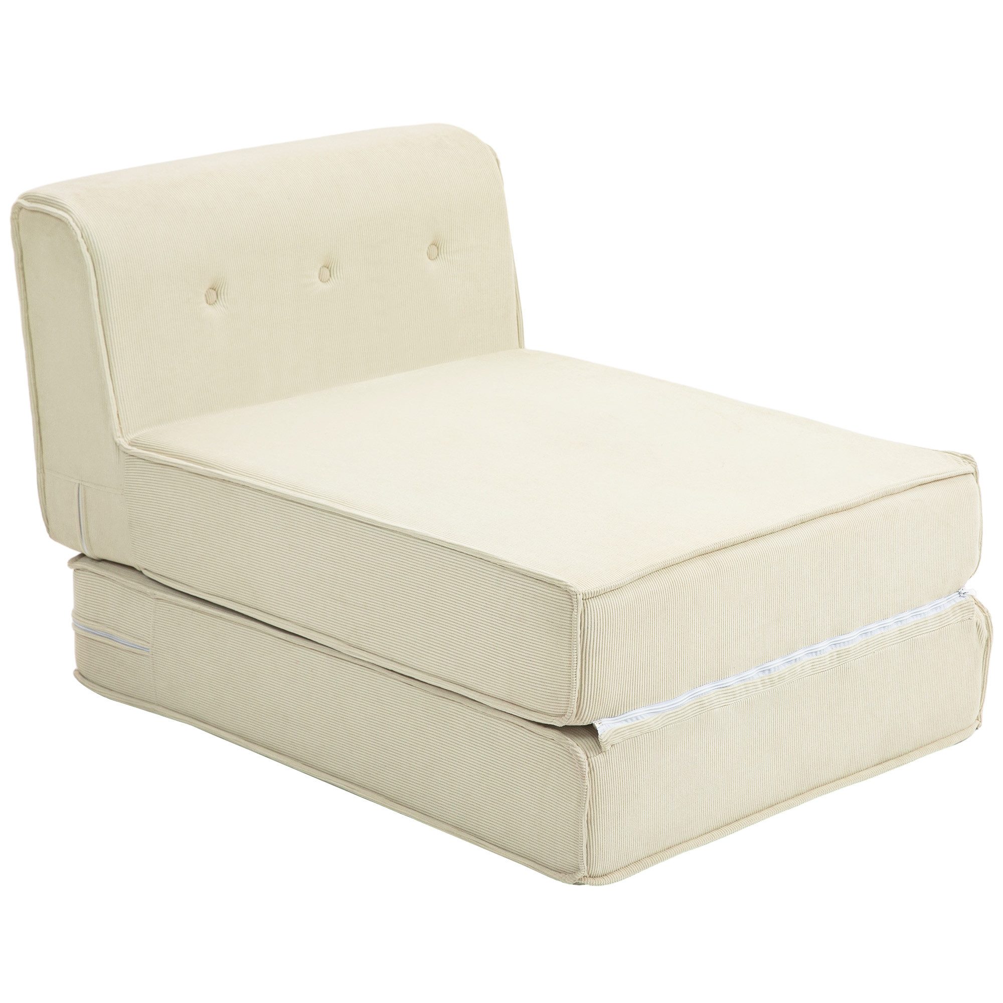 HOMCOM Sitzkissen Klappsofa mit getufter Rückenlehne, wandelbare, ausklappbar, für Gast, Wohnzimmer, Büro, Reise, Cremeweiß