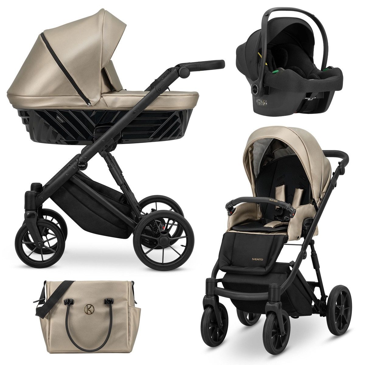 KUNERT Kombi-Kinderwagen IVENTO 3in1 Öko-Leder Kinderwagen mit schwarzem Rahmen und Zubehör, 2in1-Set mit Tragetasche und Sportsitz
