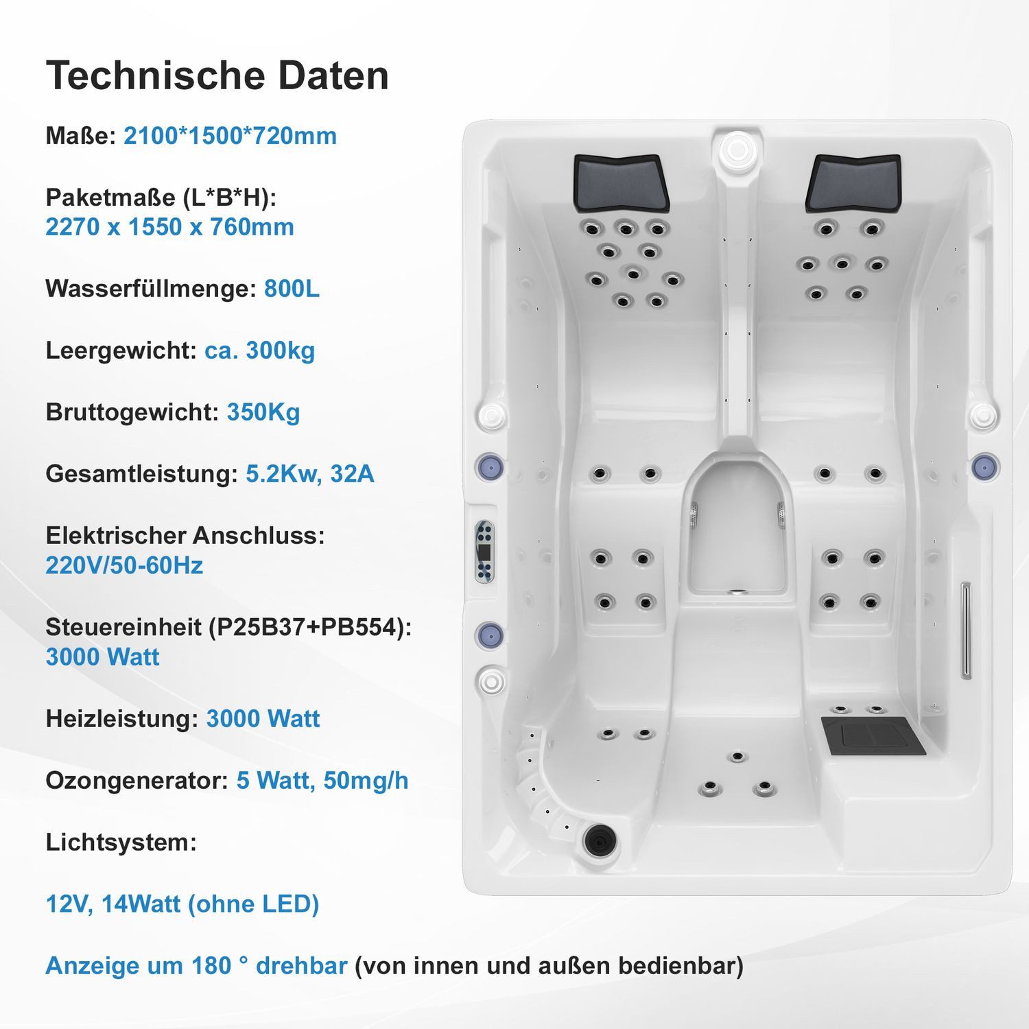 TroniTechnik Whirlpool Outdoor Whirlpool ELBA 210x150, inkl Thermoabdeckung, LEDs, Sanitäracryl, Massagefunktion – Bild 5 von 5