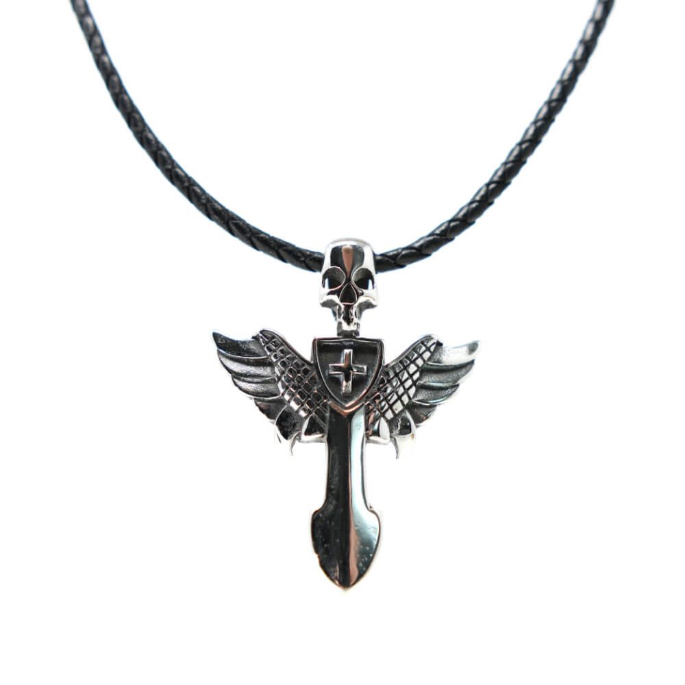 Kette mit Anhänger Lederkette Edelstahlkette 316L FLÜGELSCHWERT