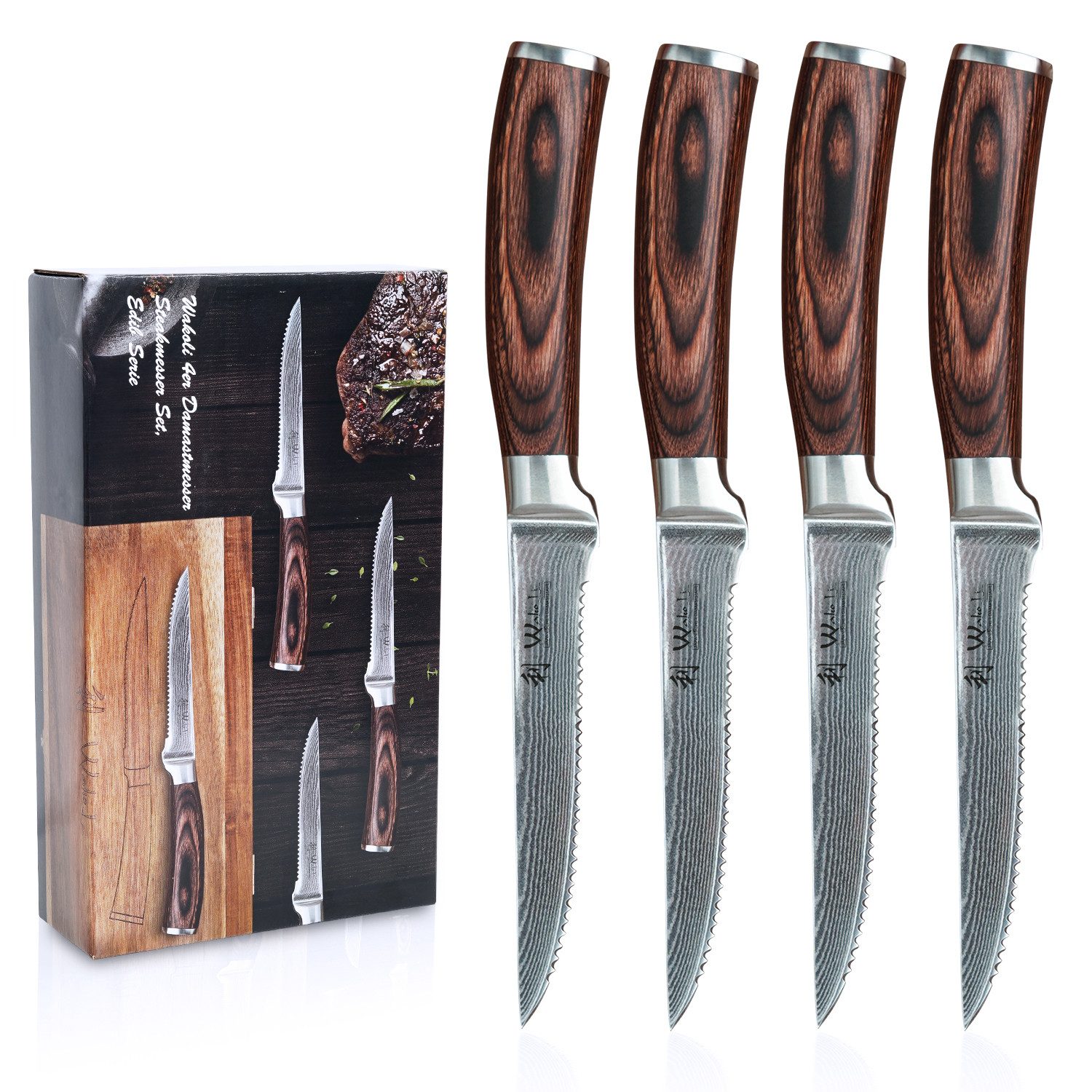 Wakoli Steakmesser EDIB 4er Set Damast Steakmesser 12,5 cm Klingen Geschenk-Holzbox