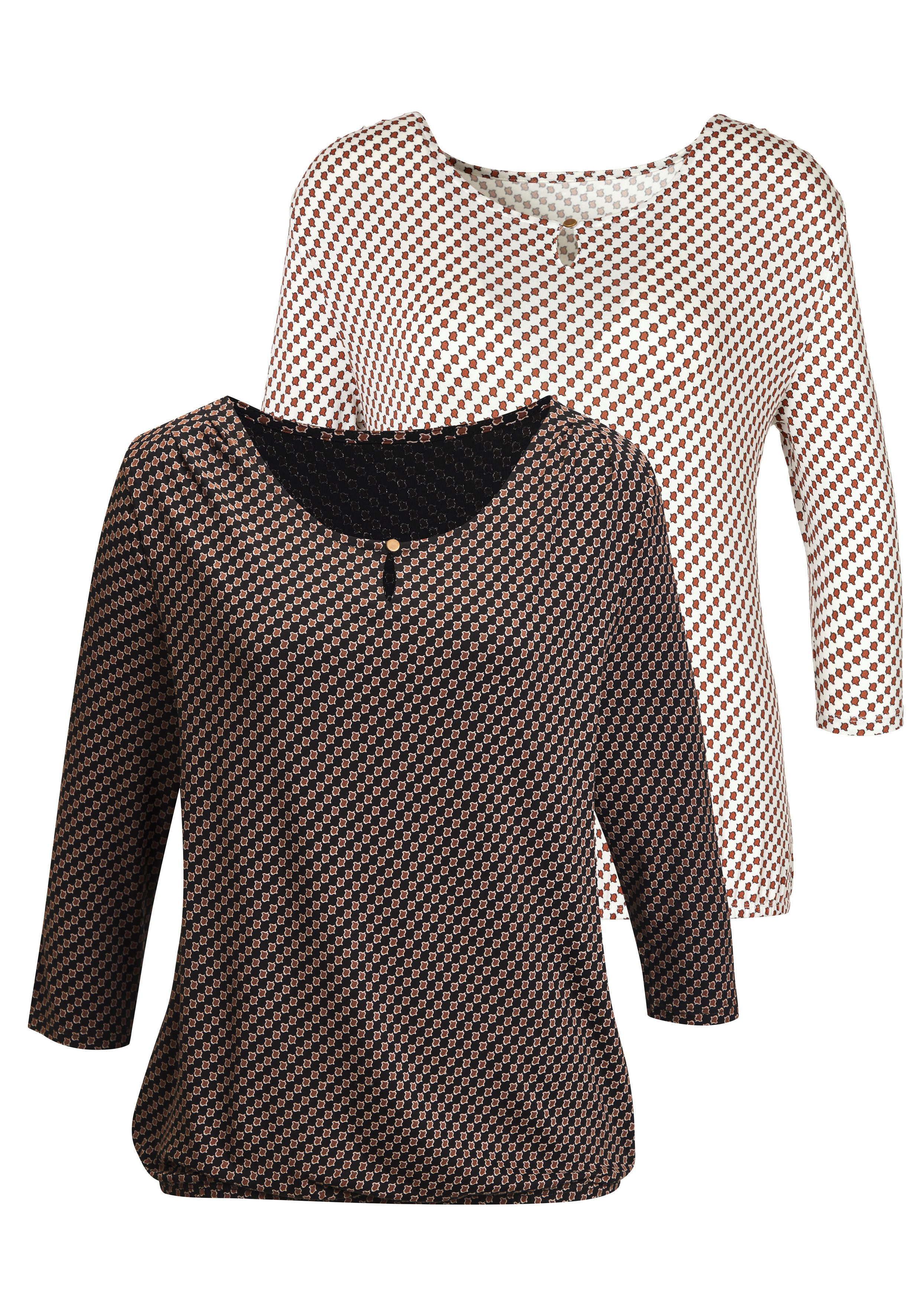 Vivance Rundhalsshirt mit goldfarbenem Zierknopf am Ausschnitt (2er-Pack) aus weichem Viskose-Stretch