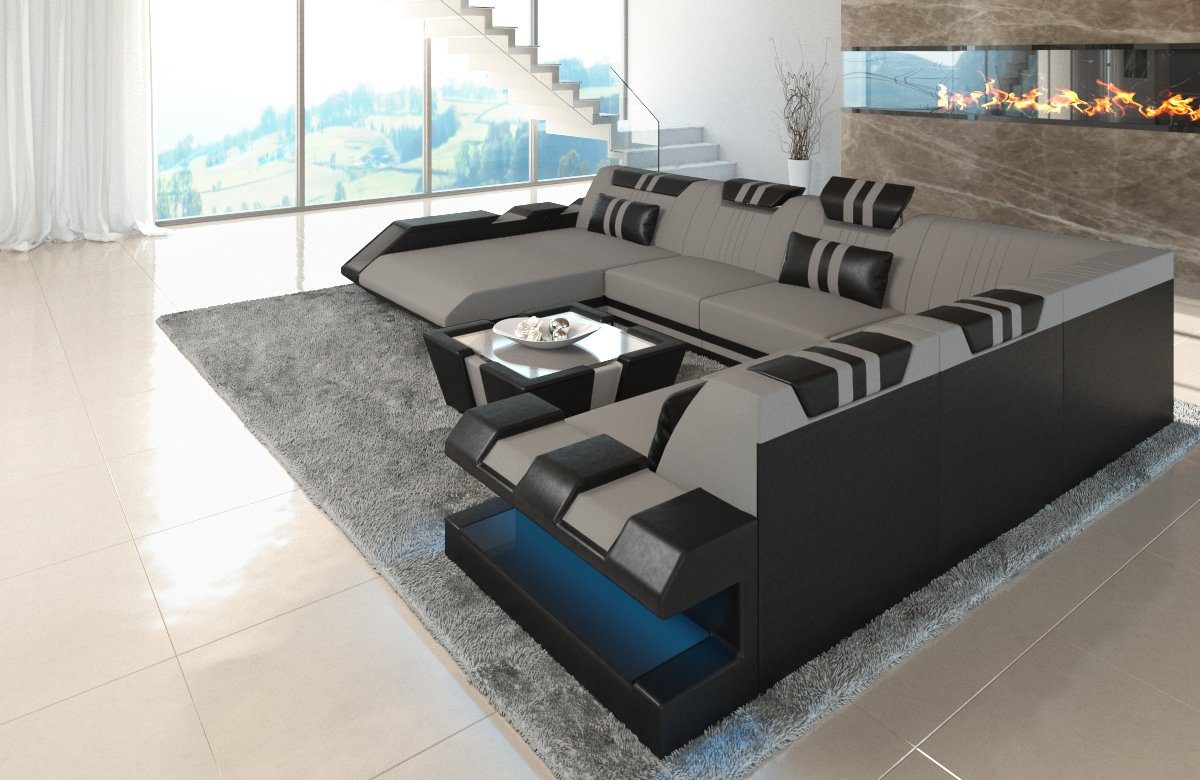 Wohnlandschaft wahlweise Sofa XXL Couch Stoffsofa, Designersofa Polster LED, Stoff Form Dreams Schlafsofa, als Sofa C76 Hellgrau-Schwarz Apollonia mit Bettfunktion U mit