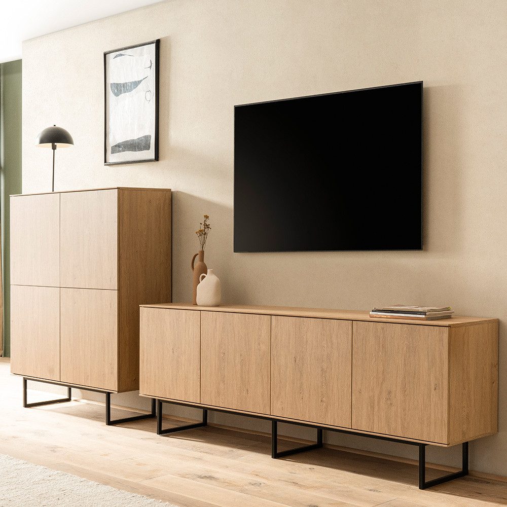 Lomadox Wohnwand KASOL-61, (2-St., Highboard Lowboard), Eiche Dekor grifflos Push-to-open Metallgestell schwarz Industrial