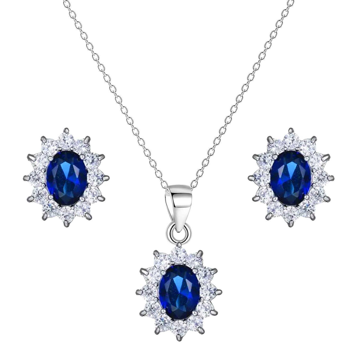 LÖB Ohrring und Ketten Set 750er Weißgold vergoldet Zirkonia Halskette Ohrringe Set Silber Blau (Geschenke für Frauen Beste Freundin Mutter Mama Damen Ehefrau sie zum Geburtstag Ostern Muttertag Muttertagsgeschenk), 18 Karat Kette Ohrstecker Schmuckset Blumen Anhänger Saphir Saphirblau