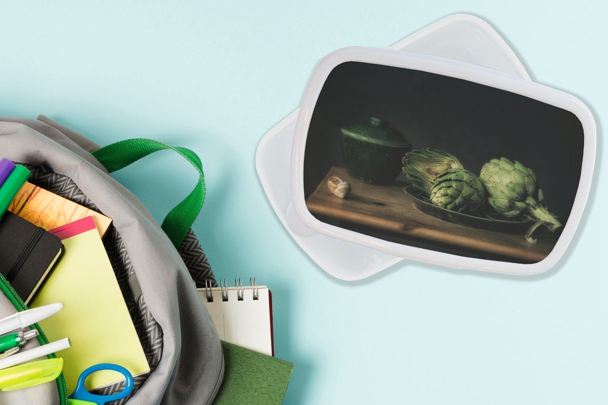 Lunchbox - Teller Brotbox Brotdose, Erwachsene, Artischocke - und Mädchen Jungs - Malerei, Kunststoff, für für MuchoWow (2-tlg), und weiß Kinder Stilleben