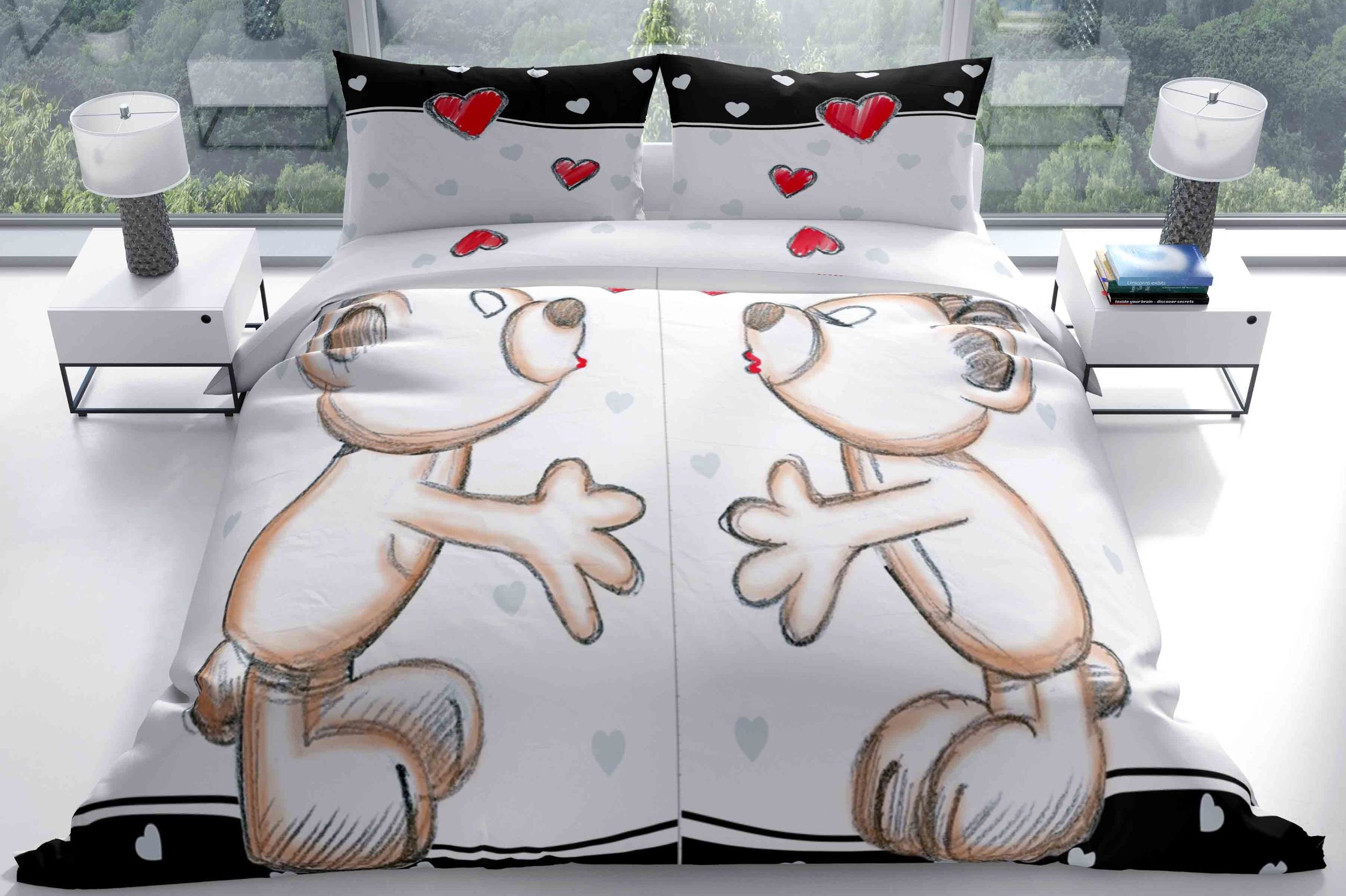 Leonado Vicenti Bettwäsche Allergiker geeignet 135x200, Microfaser, 4 teilig, Partnerbettwäsche mit Bärchen und Herzen