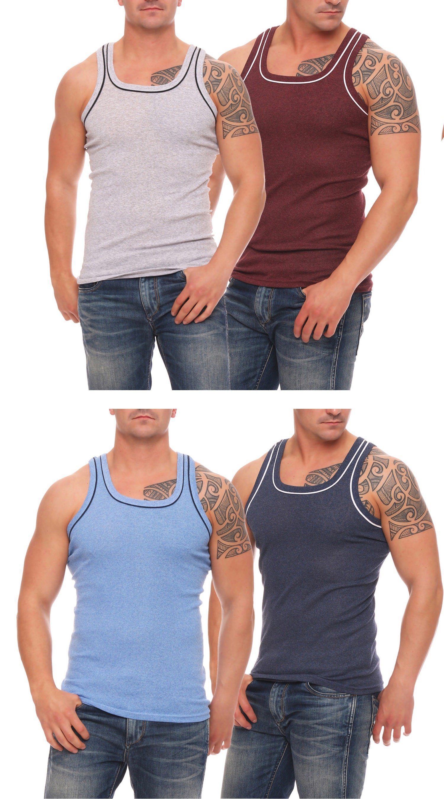 Cocain underwear Unterhemd Herren Unterhemden Vollachsel Achselhemden (4-St) produziert in Europa 4x grau-bordeaux-hellblau-dunkelblau