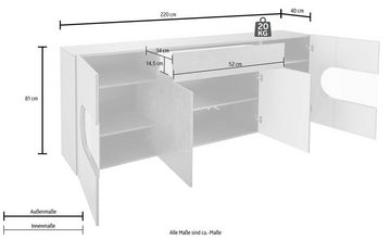 INOSIGN Sideboard Real,Vitrine,Kommode,Schrank,Breite 220 cm komplett hochglanz lackiert, mit 4 Türen davon 2 Glastüren und 1 schublade ohne Griff