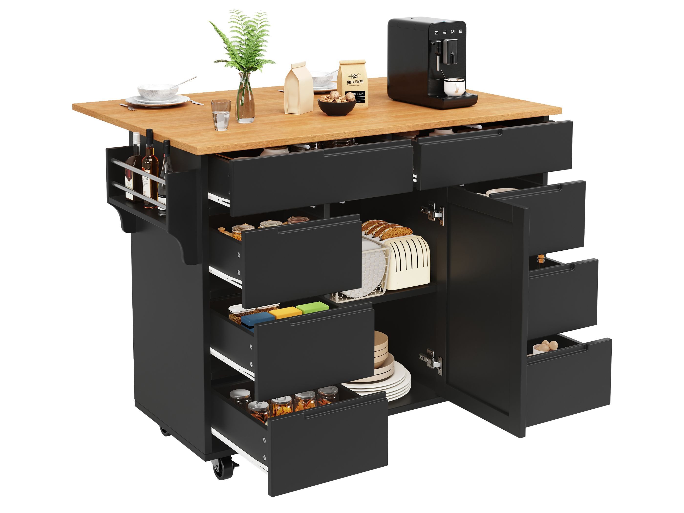 SeedWave Kücheninsel auf Rollen Griffloser Rolllwagen 122cm mit Klappbarer Arbeitsplatte, Gewürzboard & Handtuchhalter, 2 feststellbare Rollen