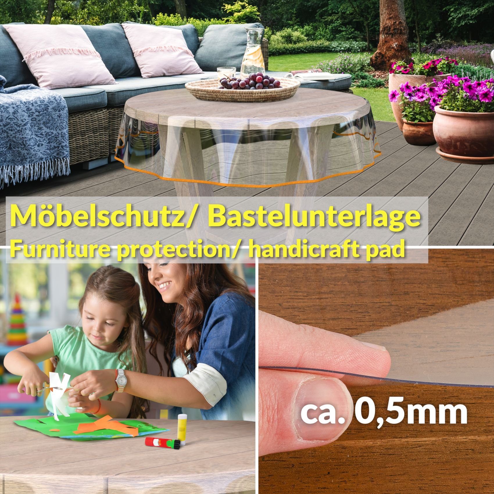 ANRO Tischdecke KLARA abwaschbar Tischfolie transparent Gartentischdecke 0,5mm (Einzelstück 1-tlg), wasserabweisend Durchsichtig Transparent Gelb Rund 100cm