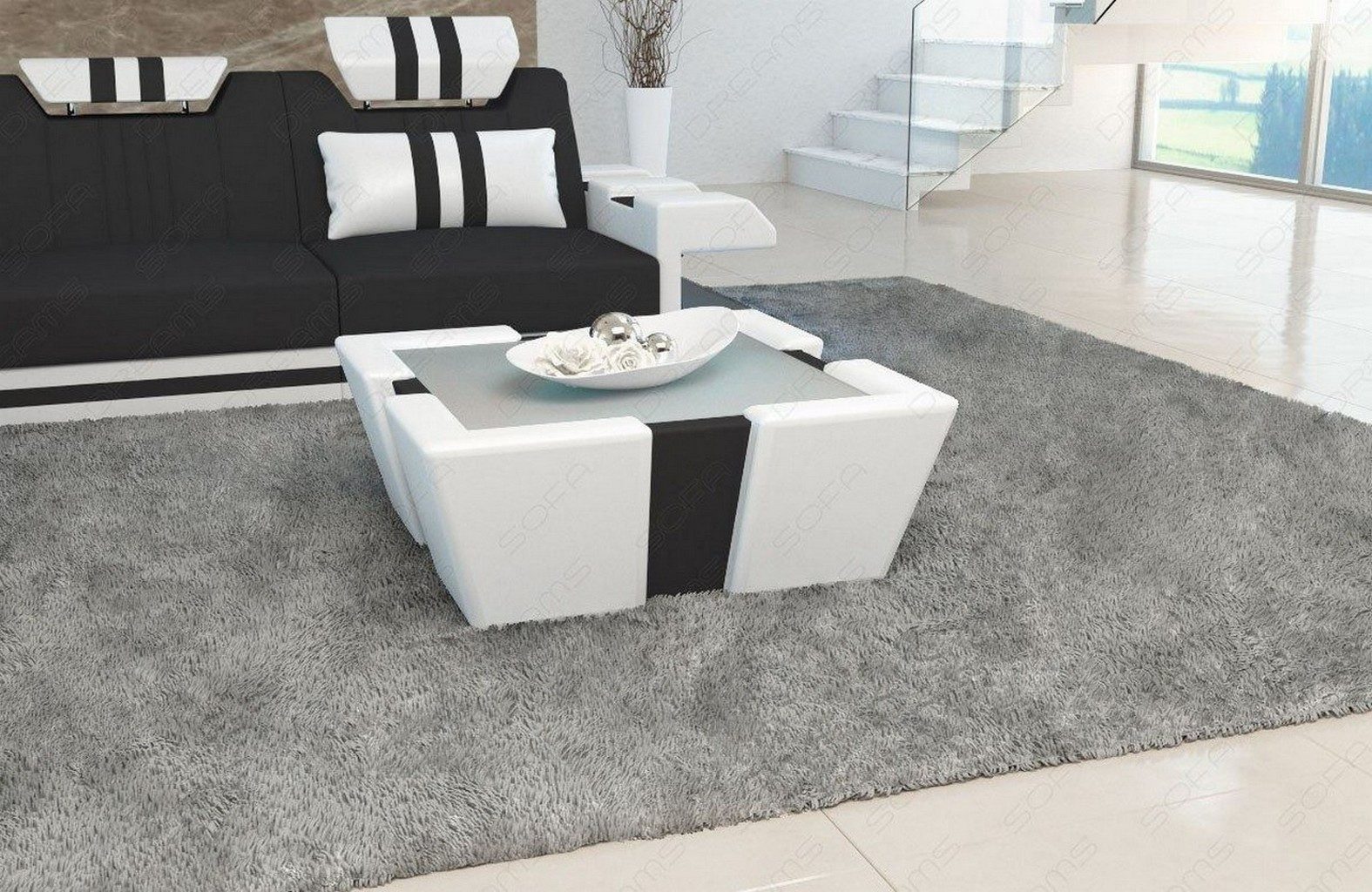 Sofa Dreams Couchtisch Couchtisch Apollonia Tisch Stoff mit Sicherheitsglasplatte 12mm (1 Tisch), Mikrofaser Bezug in Schwarz, Akzentfarbe Kunstleder Weiß