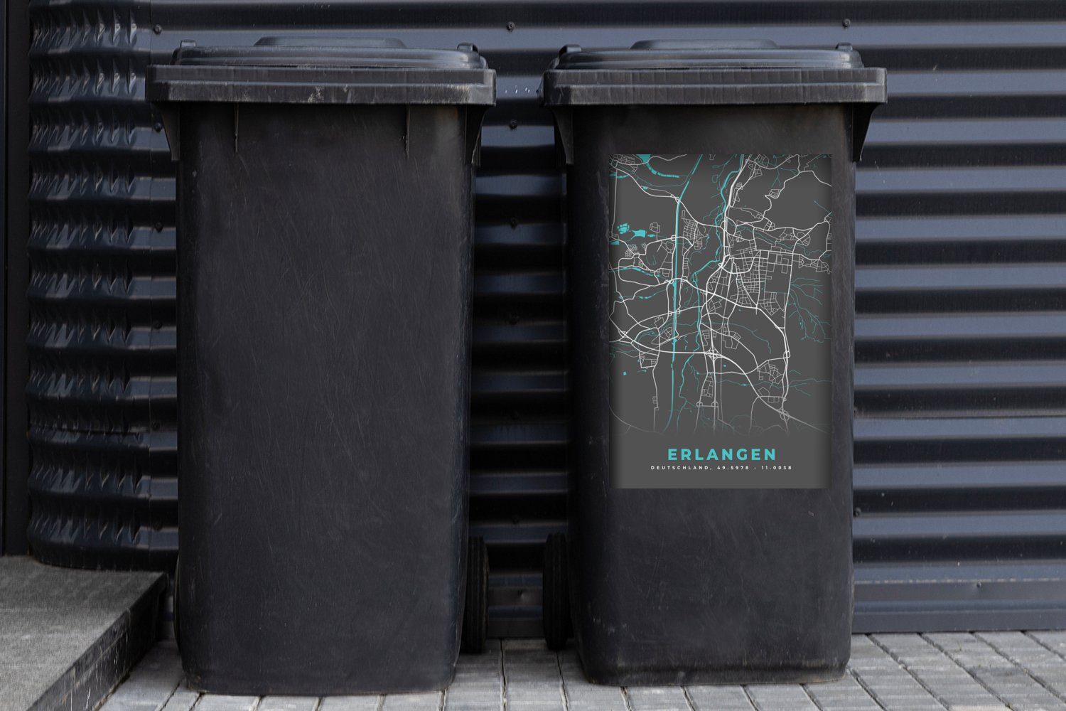 (1 Deutschland Mülleimer-aufkleber, Karte MuchoWow - Mülltonne, Stadtplan St), - - Wandsticker Abfalbehälter Erlangen - Sticker, Container, Blau