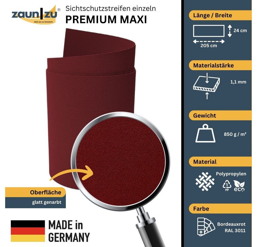 Thumbnail - zaunzu Sichtschutzstreifen Premium Maxi für Doppelstabmatten 24cm hoch Bordeauxrot 2,05m, (1x Einzelstreifen, 24cm hoch,...