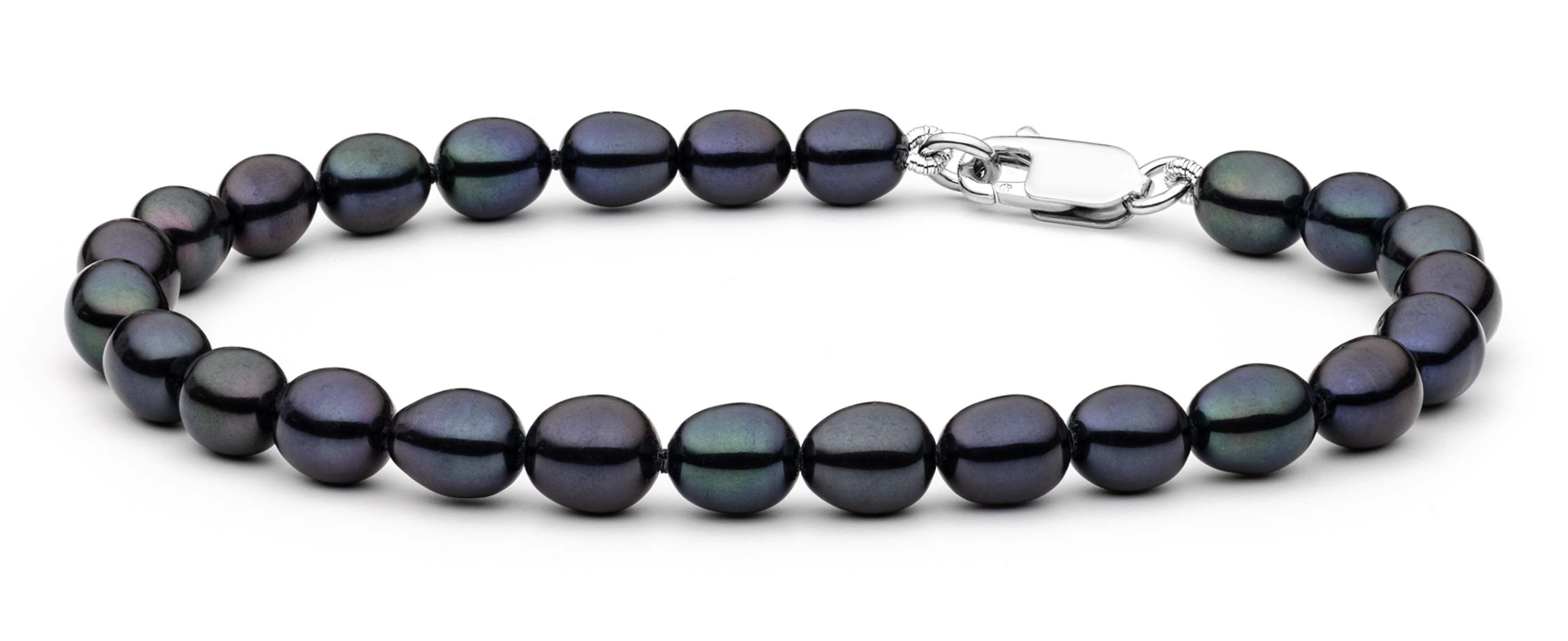 Gaura Pearls Perlenarmband klassisch schwarz reis 5.5-6.5 mm, echte Süßwasserzuchtperle, 925er rhodiniertes Silber