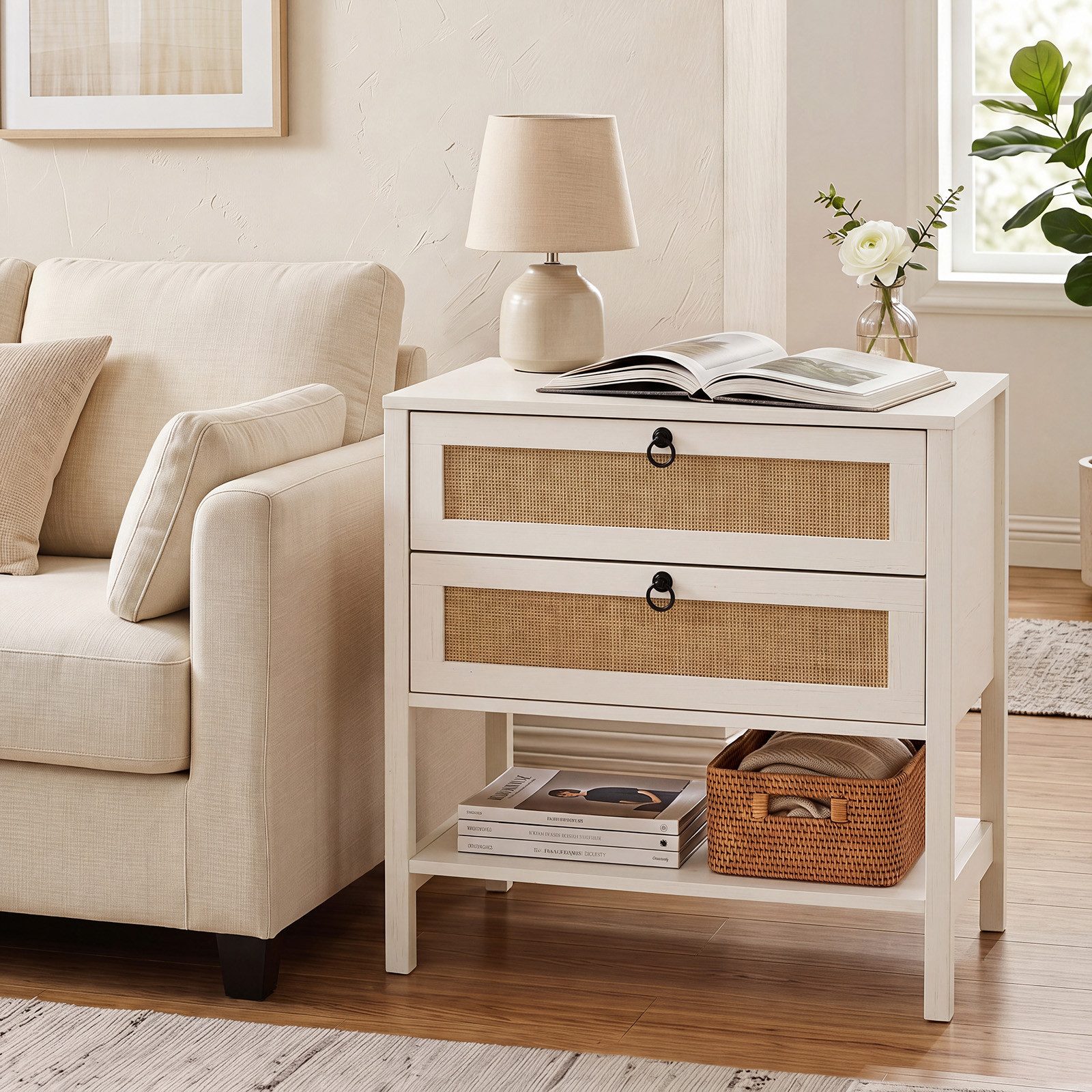 COSTWAY Nachttisch mit 2 Schubladen und offenem Regal Holz (1-St), Rattan Nachtkonsole