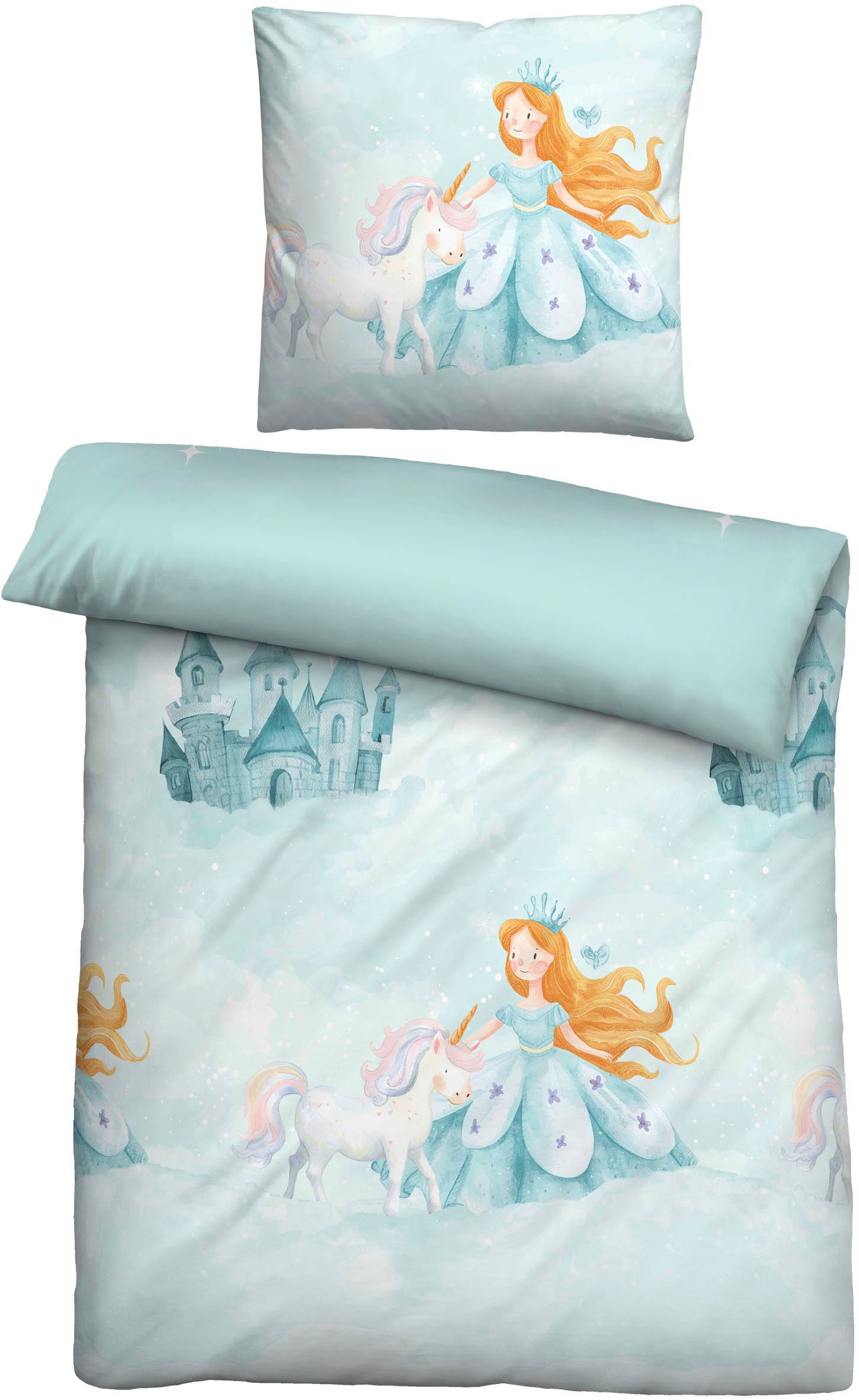 Biberna Kinderbettwäsche 0004524 Prinzessin, Einhorn, Feinbiber, 2 teilig, wohlig warm + weich, pflegeleicht, 100% Baumwolle, Reißverschluss