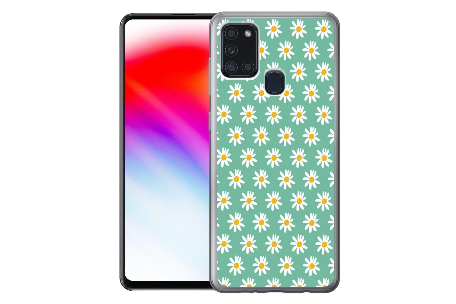MuchoWow Handyhülle für Samsung Galaxy A21s Gänseblümchen - Muster - Grün - Blumen, Smartphone-Bumper, Print, Handy Schutzhülle Dünn