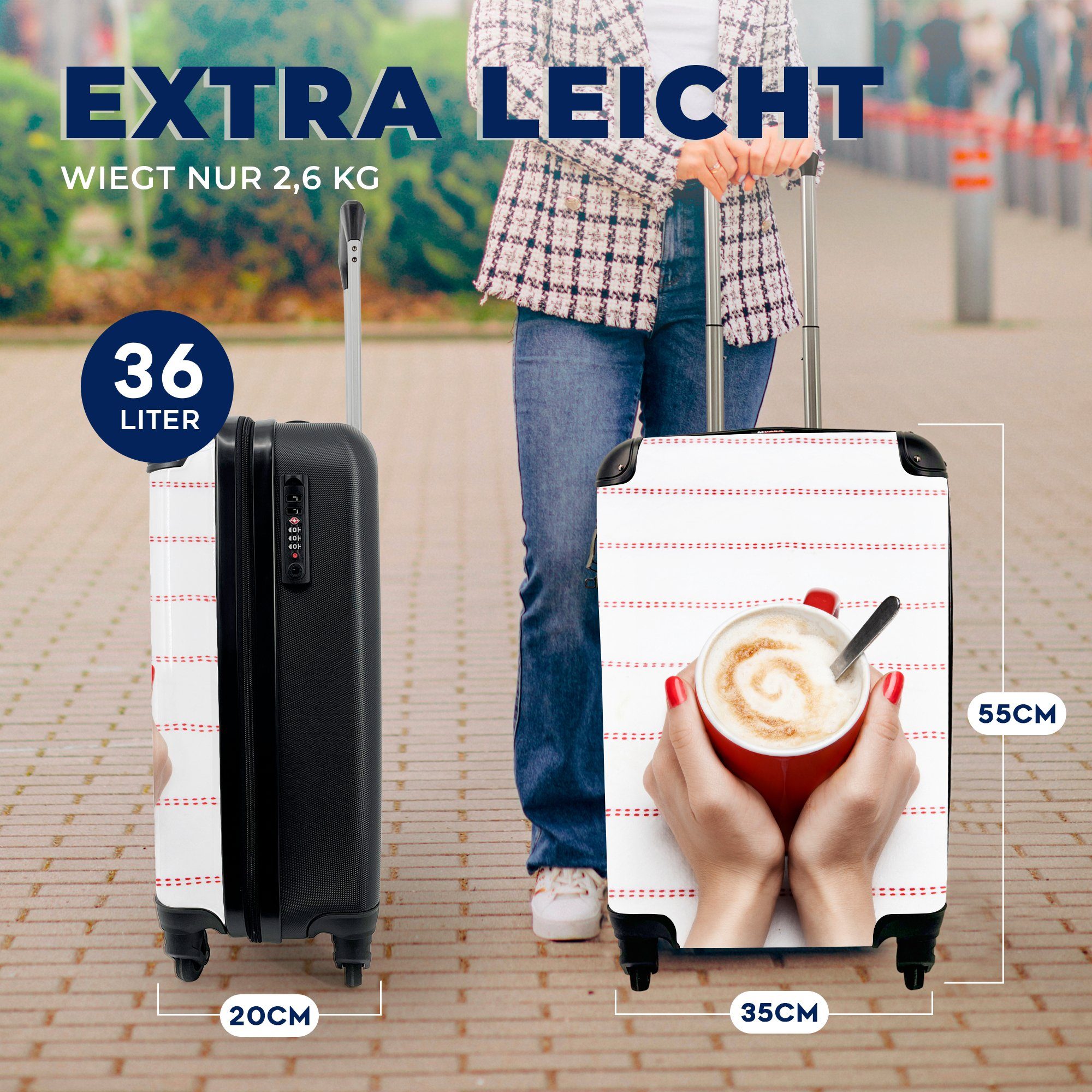 MuchoWow Handgepäckkoffer die der Rollen, Reisetasche Handgepäck für Reisekoffer rollen, Trolley, sind Hände Cappuccino Frau 4 gefaltet, Die Tasse mit Ferien, um