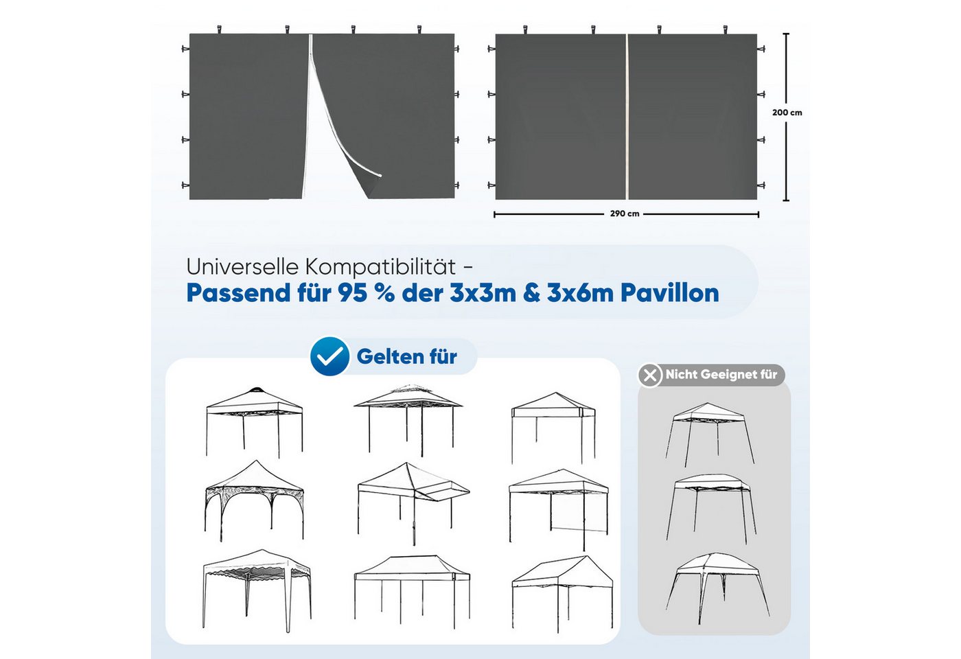 Thumbnail - Sekey Pavillonseitenteil 2x Seitenwand Pavillon 3m 6m 9m Pavillonseitenteil mit Reißverschluss, für 3 x 3 m Pavillon, 3 ...
