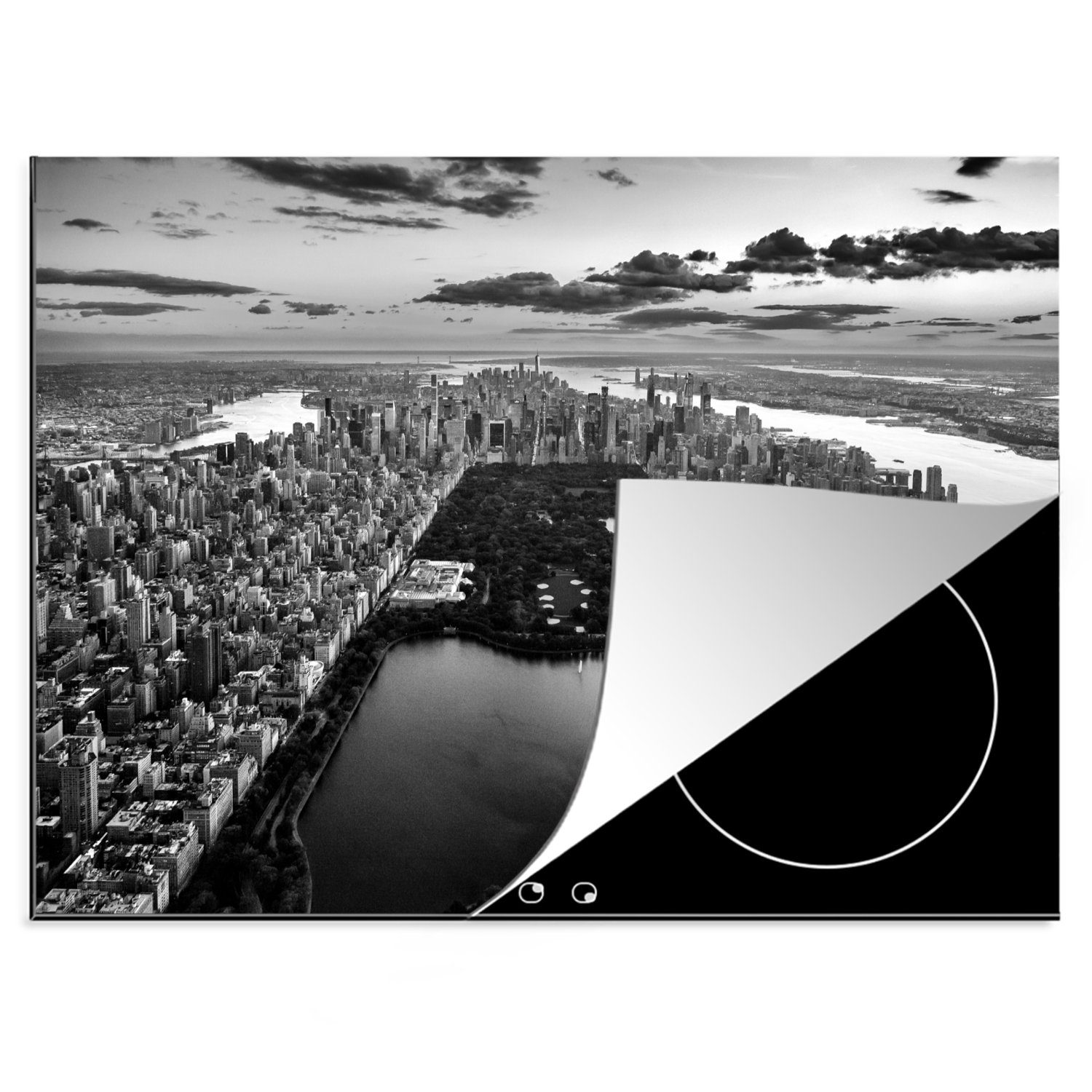 MuchoWow Herdblende-/Abdeckplatte Central Park New York bei Sonnenuntergang - schwarz und weiß, Vinyl, (1 tlg), 70x52 cm, Mobile Arbeitsfläche nutzbar, Ceranfeldabdeckung