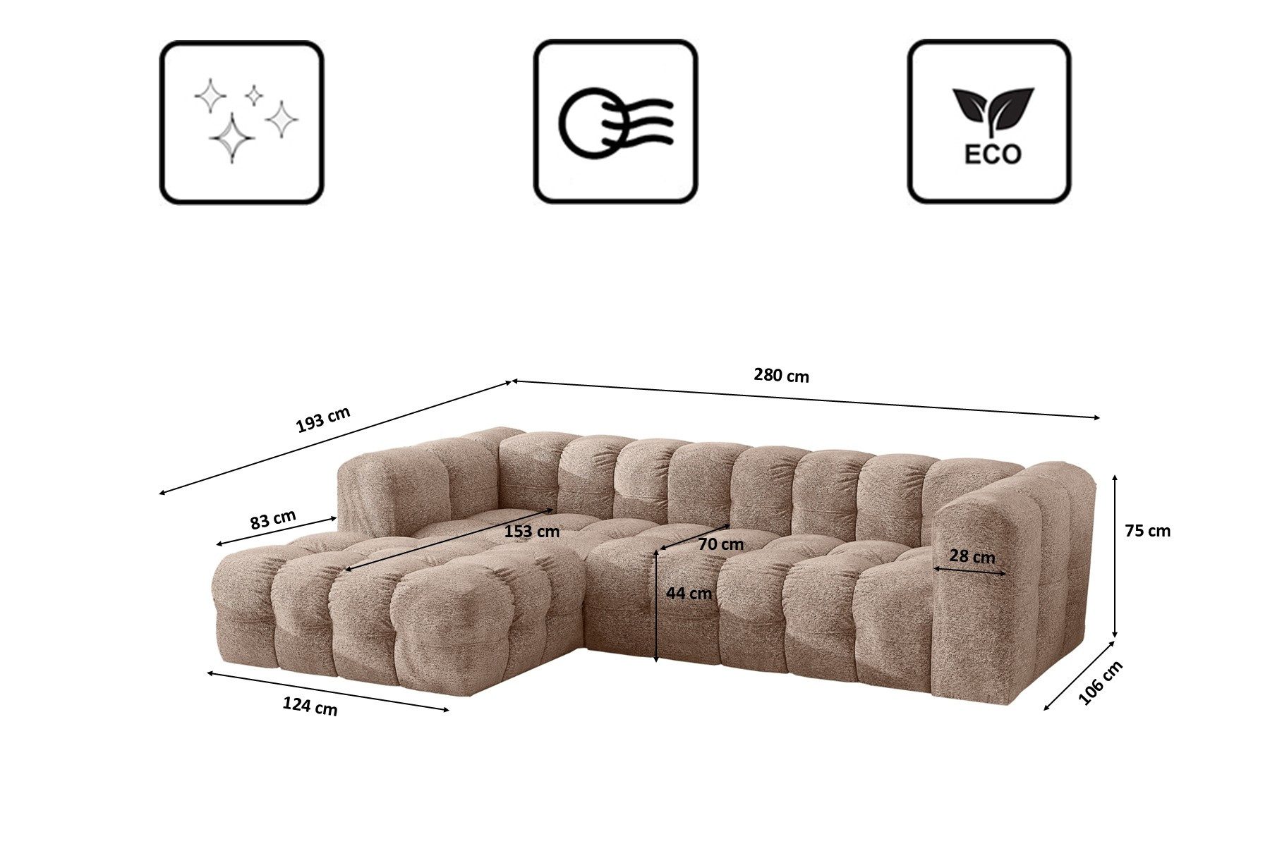 Kaiser Möbel Ecksofa BALOO L modernes freistehendes, für das Wohnzimmer, stoff Arena, Einzelsofa, gesteppte Oberfläche,freistehend platzierbar,hoher Sitzkomfort