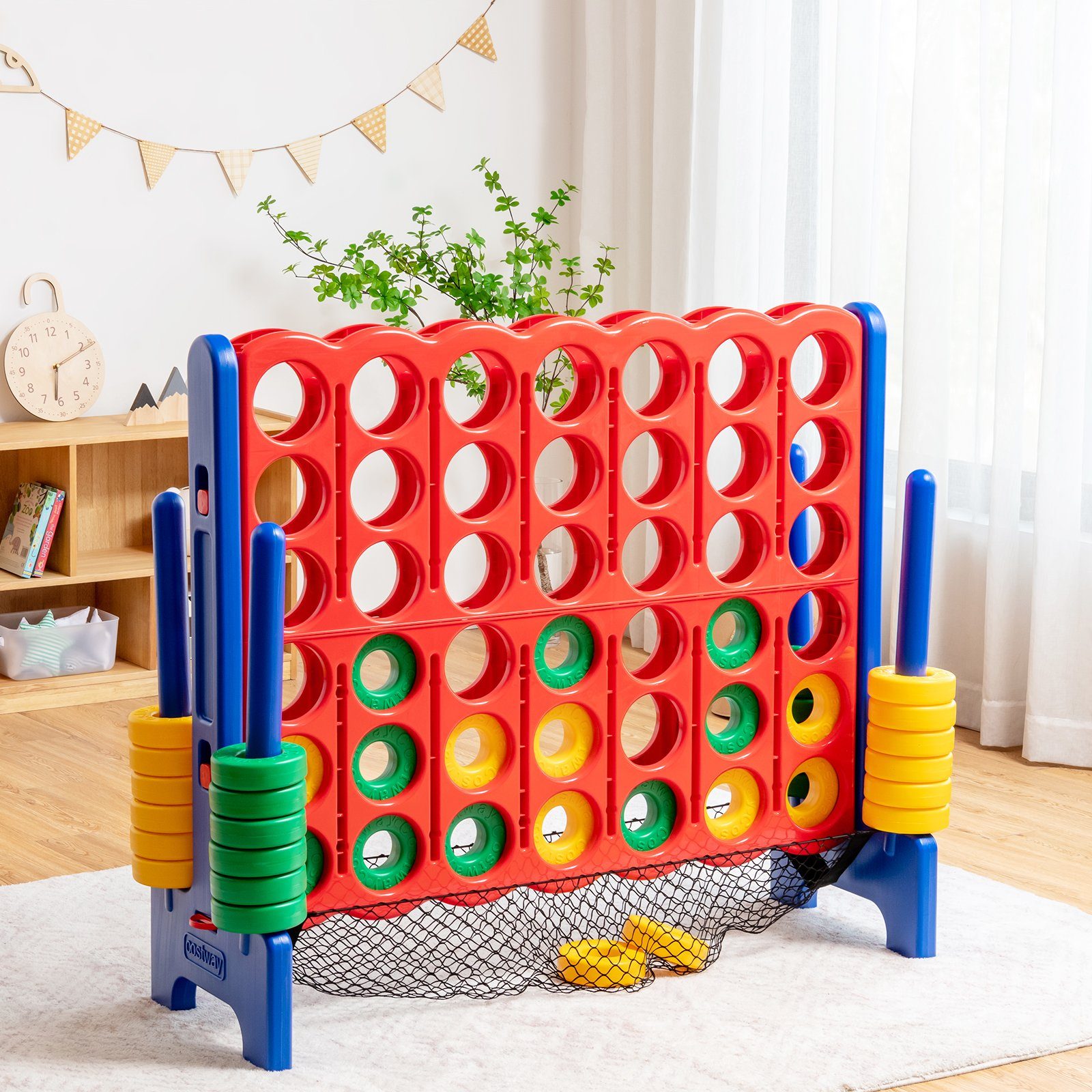 COSTWAY Spiel Riesiges 4 Gewinnt Spielset, inkl. 42 Jumbo Ringen und Schieberegler