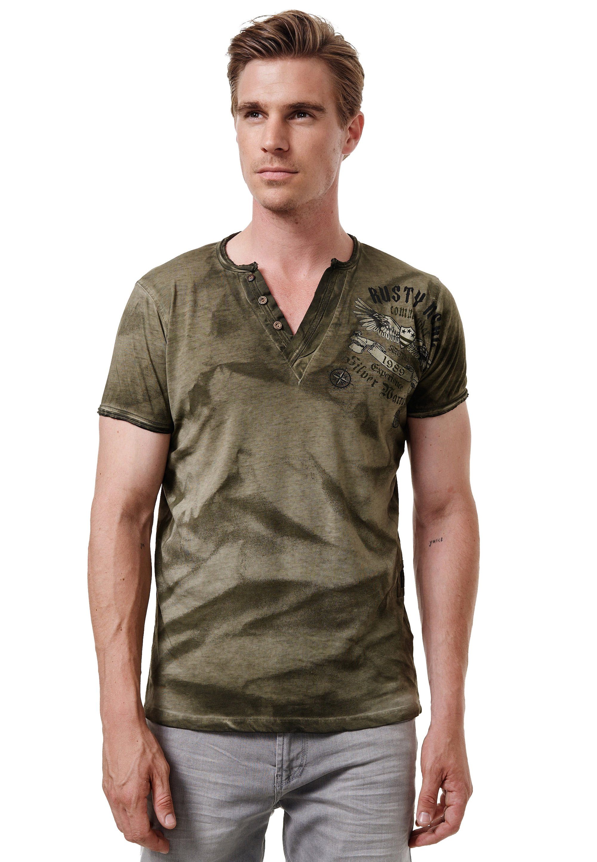 Rusty Neal T-Shirt mit großem auf Rückseite der khaki Print