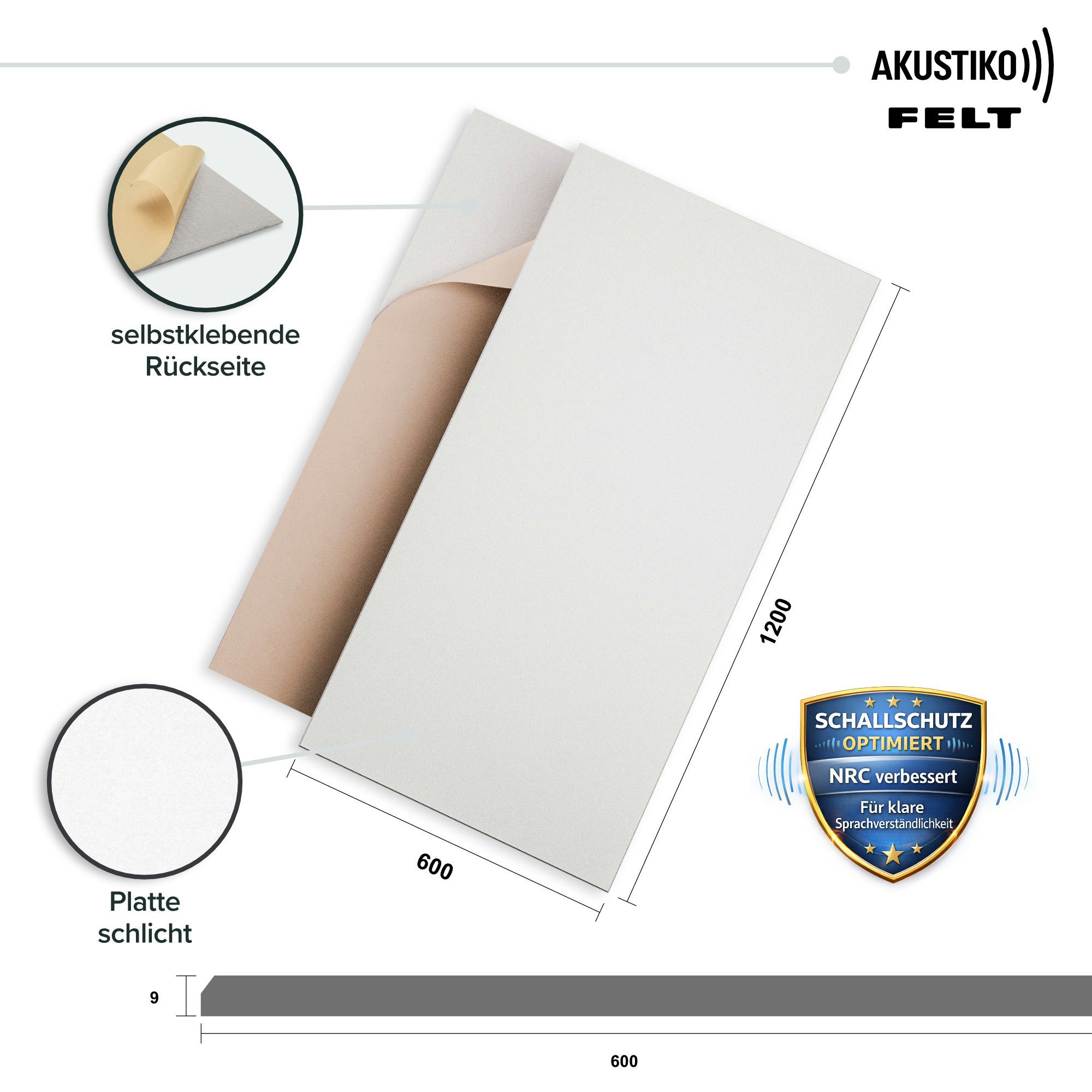 AKUSTIKO Schallschutzpaneel, (Selbstklebend 120x60cm - 20 Stück Weiß Akustik Wandpaneele Schallschutz & Raumakustik Panels Filz 9mm Hexim Decken- & Wandverkleidung Innenstruktur Modul (7.2m)