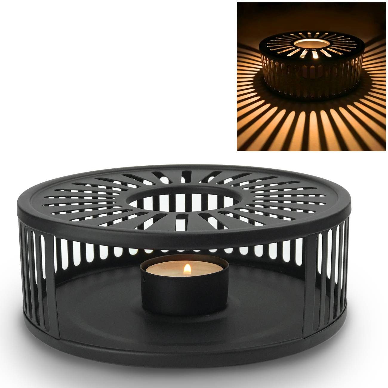 Creano Stövchen Stövchen “Stripes” black, (1-er Set, 2-tlg), Teewärmer aus Edelstahl, stabil, sämtliche Teekannen geeignet