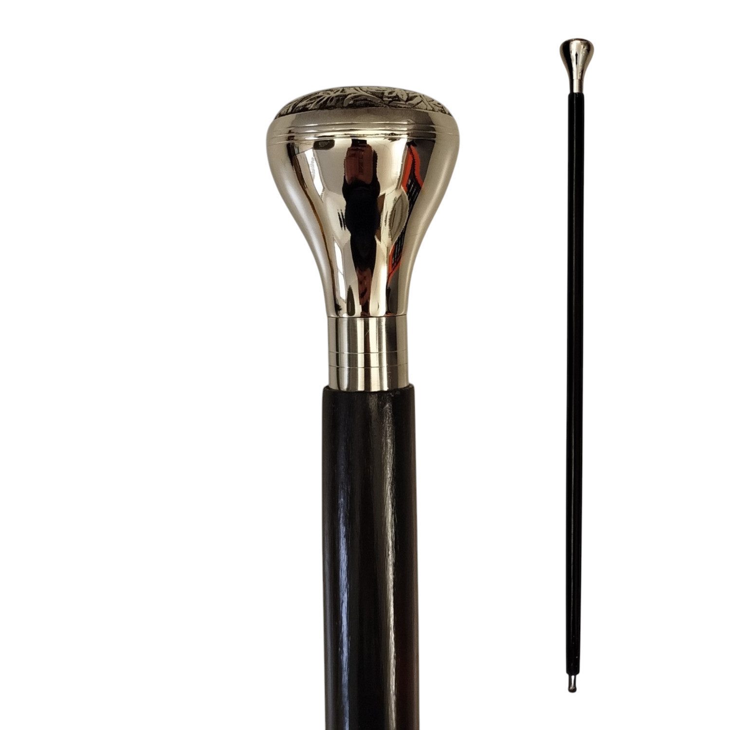 FTWdesign Frackstock Ornament Rundknauf Spazierstock aus Holz mit silbernem Griff Metall