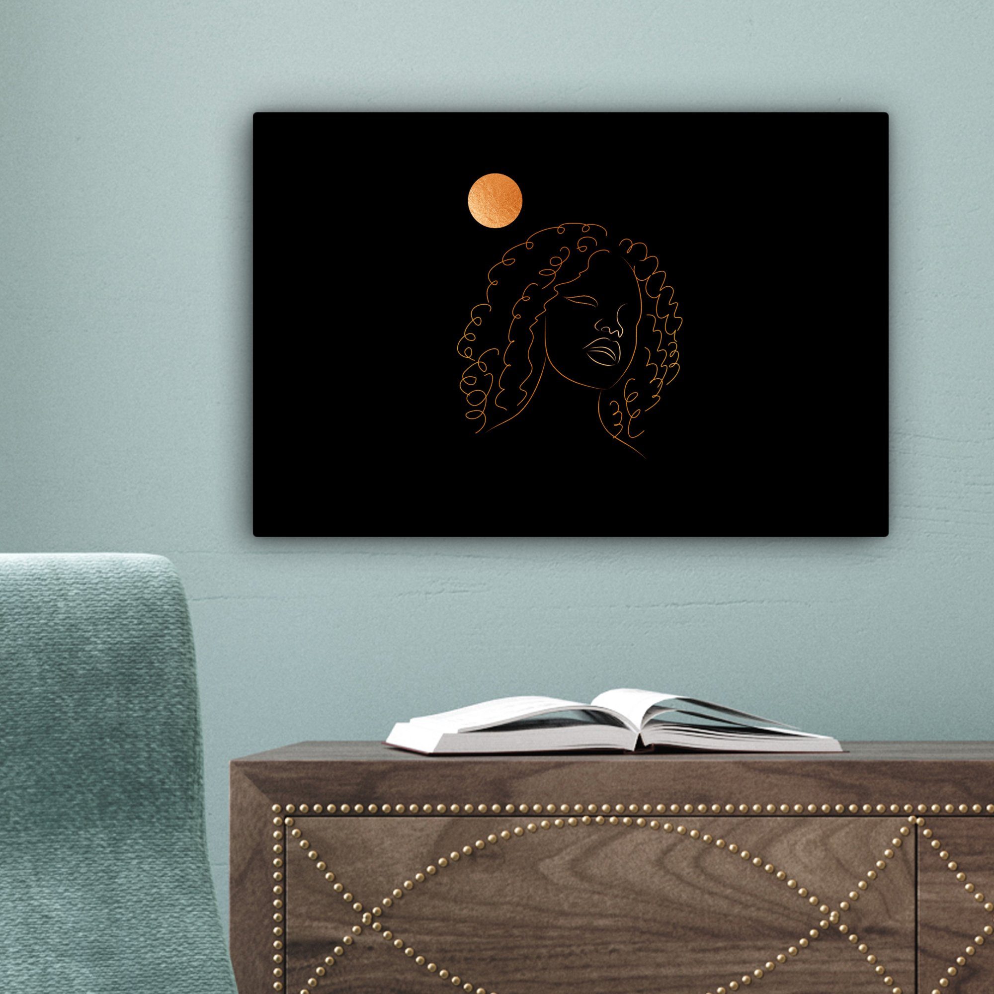 Frau 30x20 (1 Leinwandbild Wandbild - - Wanddeko, Mond St), Schwarz und cm - OneMillionCanvasses® Strichzeichnung Leinwandbilder, Aufhängefertig, Gold,