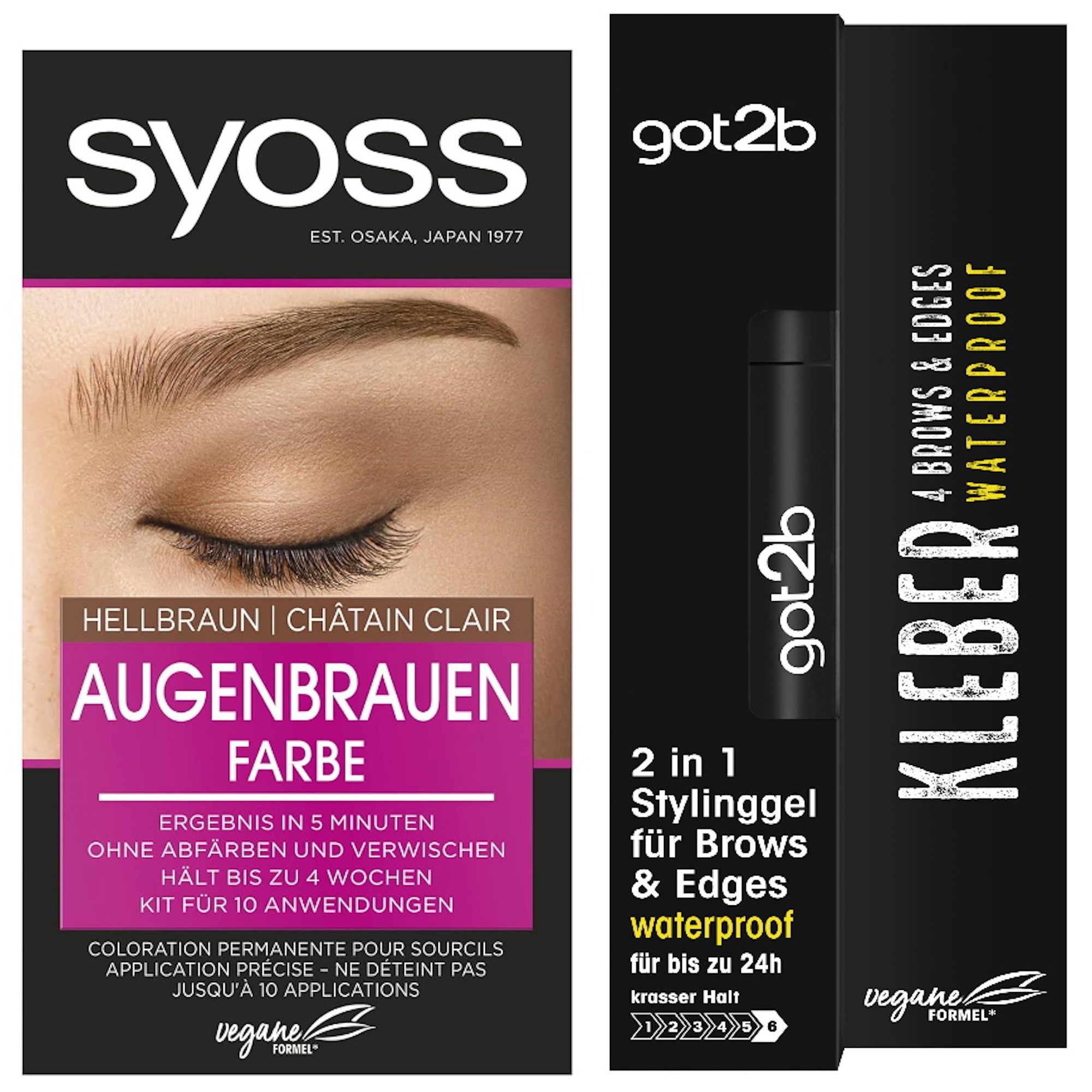 Syoss Augenbrauenfarbe Hellbraun 17ml & GOT2B 2in1 Stylinggel 4 Brows & Edges Waterproof 16ml, 2-tlg., langanhaltend, schweiß- & wasserfest bis zu 24h