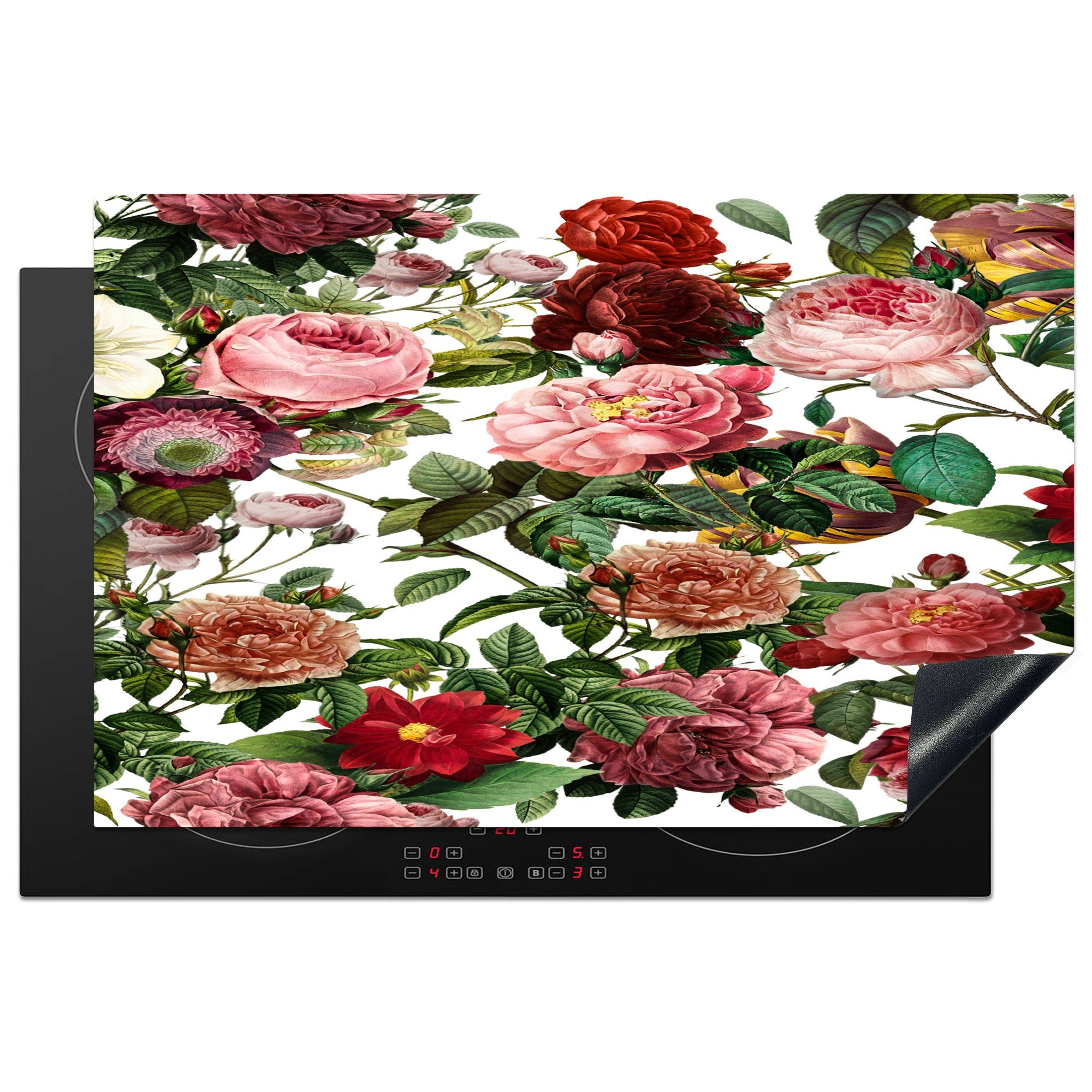 MuchoWow Herdblende-/Abdeckplatte Weiß Ceranfeldabdeckung cm, die für - Strauch, Rosa Vinyl, 81x52 - küche, Blumen Schutz - tlg), (1 Induktionskochfeld