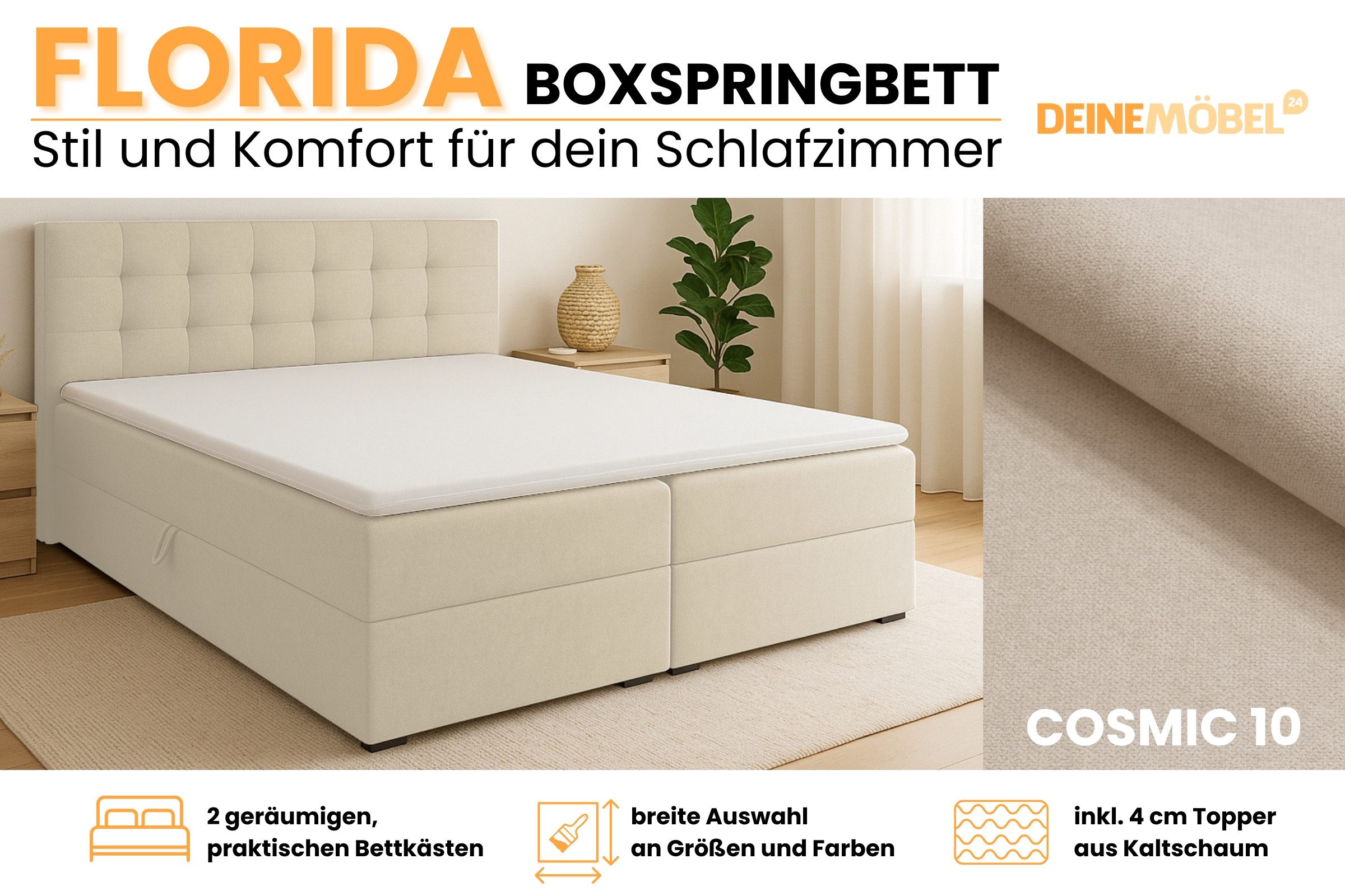 Deine Möbel 24 Boxspringbett FLORIDA Boxbett Schlafzimmerbett Ehebett in Stoff Schlafzimmer (Polsterbett mit Bonnellfederkern-Matratzen H3 Braun Dunkelgrau, 3-St., inkl. Topper, inkl. Bettkästen Beige Schwarz), 140x200 160x200 180x200 200x200 Grau Hellgrau