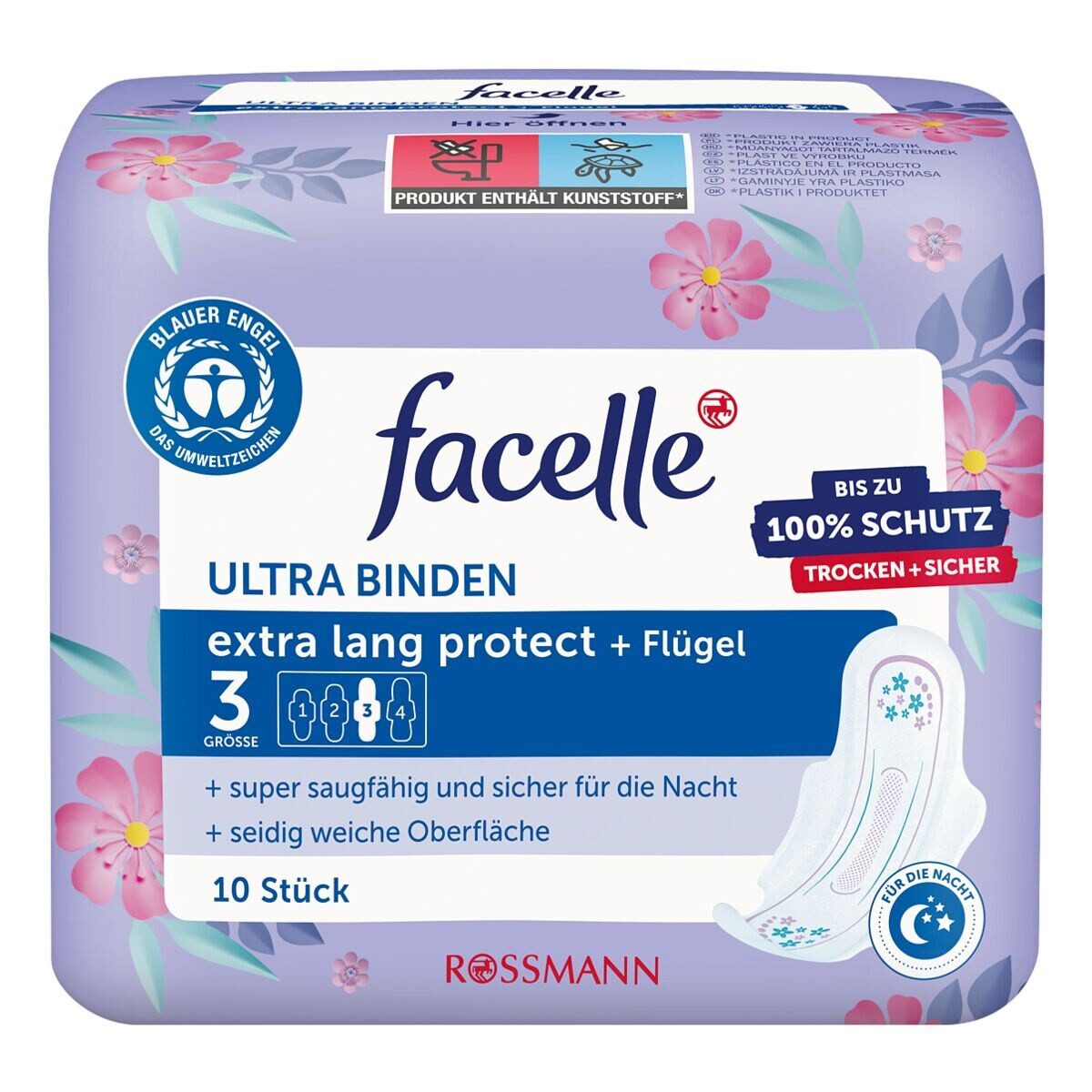 facelle Binden Ultra Binden extra lang protect + Flügel, 3 von 4 Gr., 10 Stück