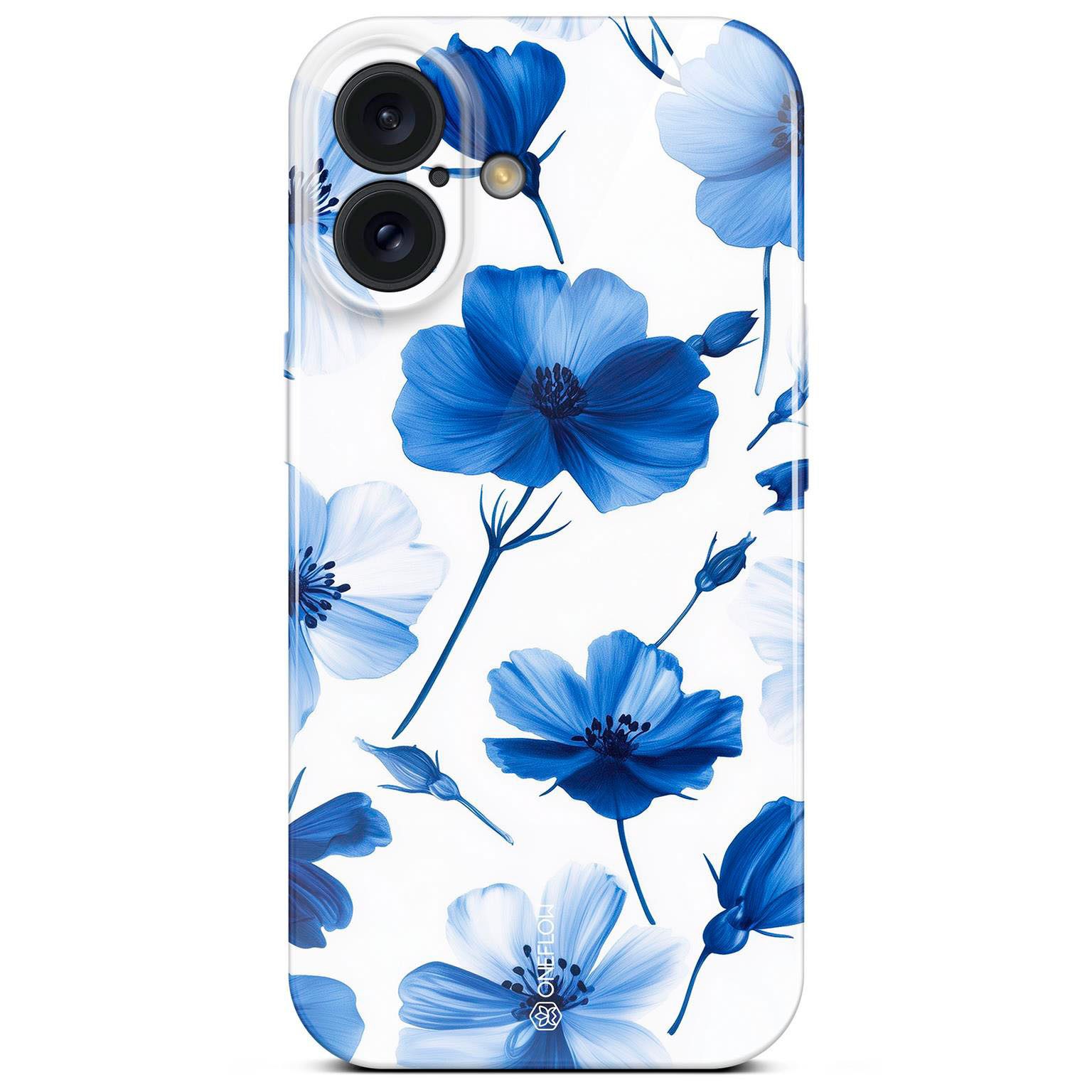 ONEFLOW Handyhülle für iPhone 16 Hülle dünn Flower Cover Blau Weiß 6,1 Zoll, Blumen Muster Handy Schutzhülle in Floral Design Case mit Kameraschutz